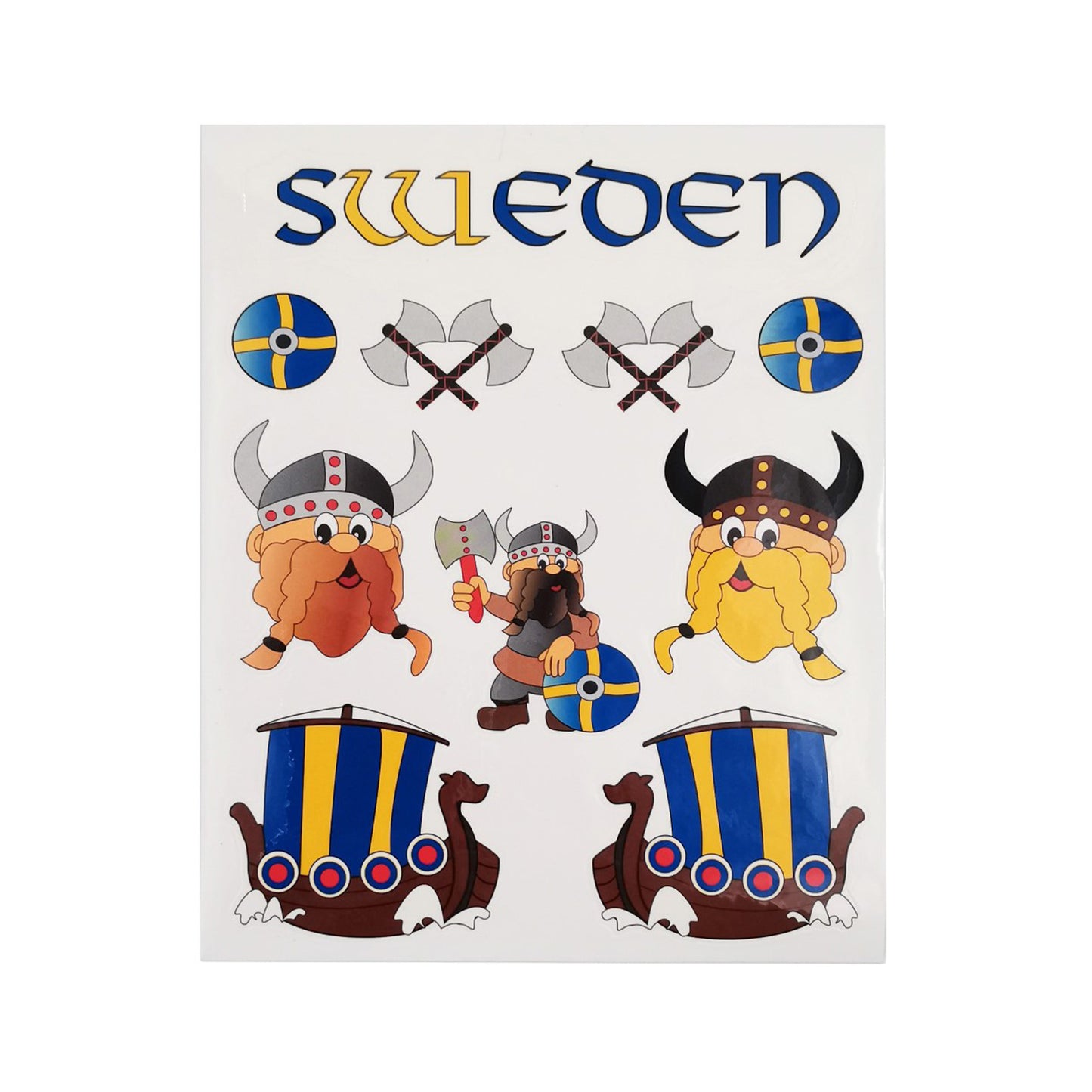 Ark med 10 vikingatema-dekaler med motiv av texten Sweden, vikingasköld, yxa, två vikingar i olika storlekar och ett vikingaskepp.