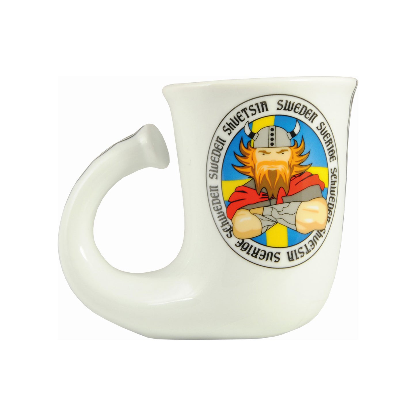 Vitt souvenir-dryckeshorn med texten Sweden och bild på vikingen Harald Hårfager – 12 cm lång med vikingainspirerad design.