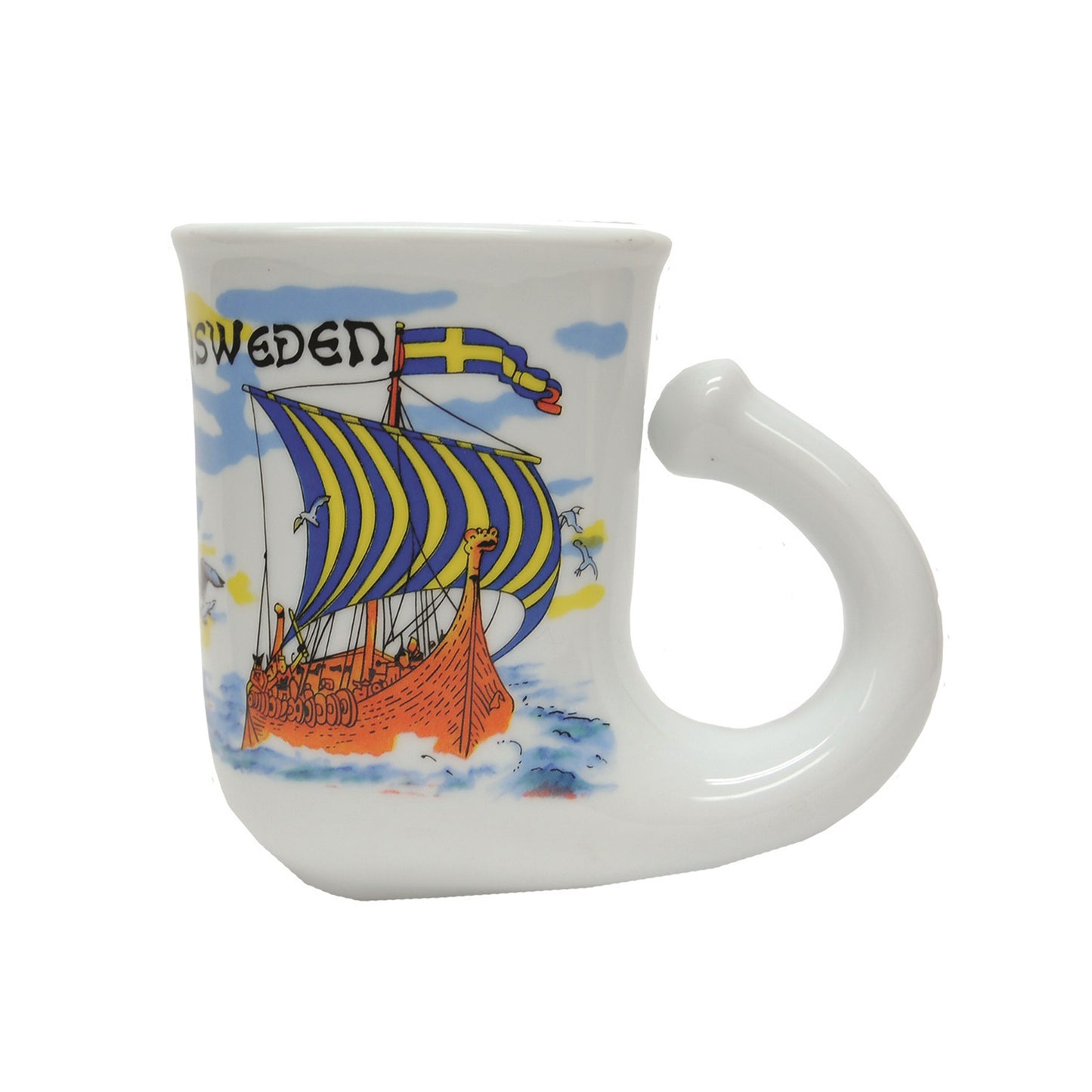 Vitt dryckeshorn med motiv av ett vikingaskepp och texten Sweden – en 12 cm lång souvenir med vikingakänsla.
