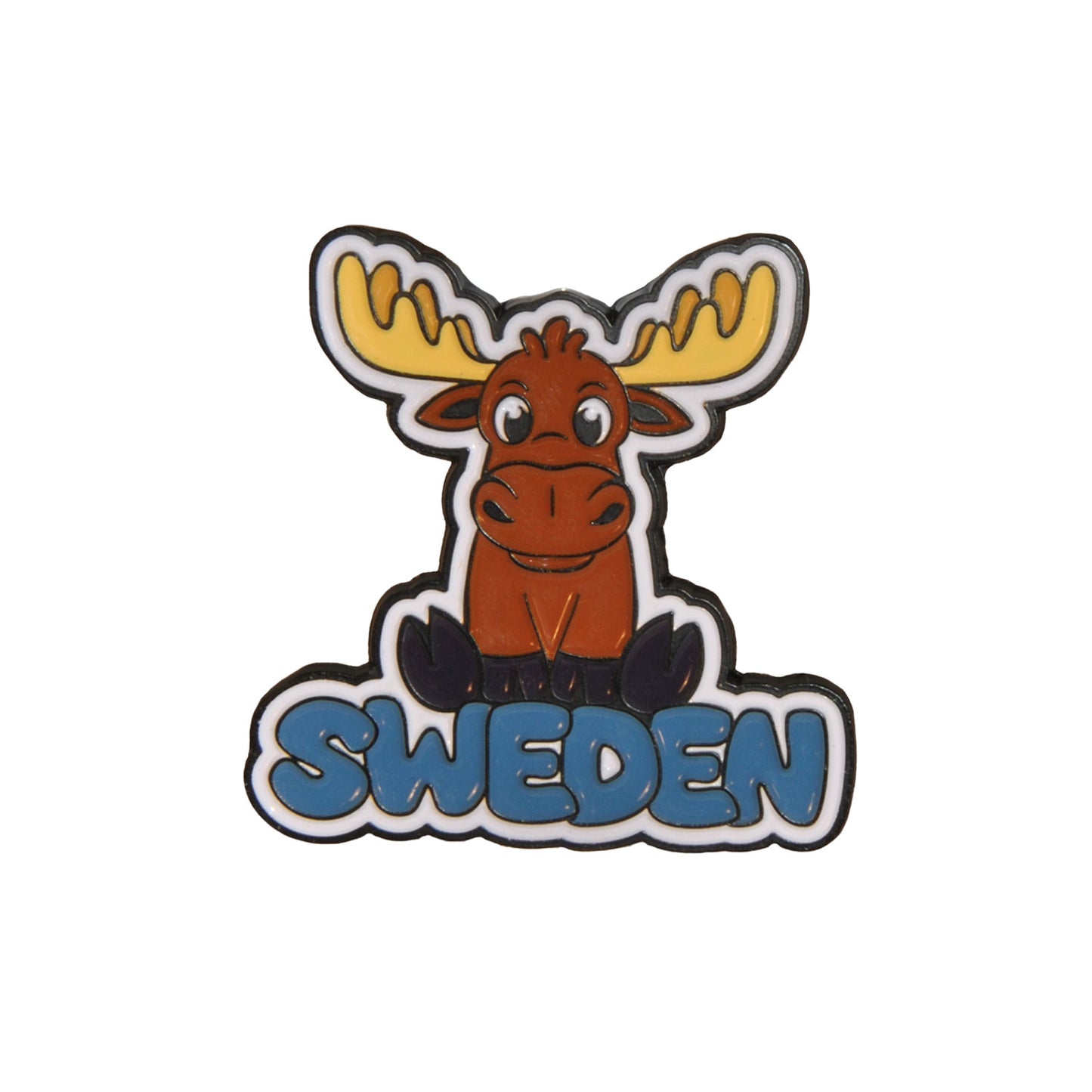 Färgglad magnet med en charmig älg och texten "Sweden".