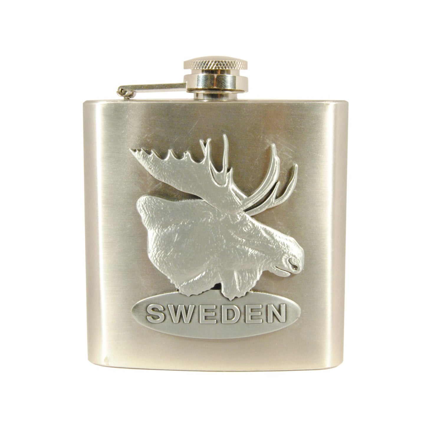 Metallfickplunta med relief av ett älghuvud i 2D-effekt. Texten ”Sweden” syns under motivet. Korken är fäst vid pluntan.