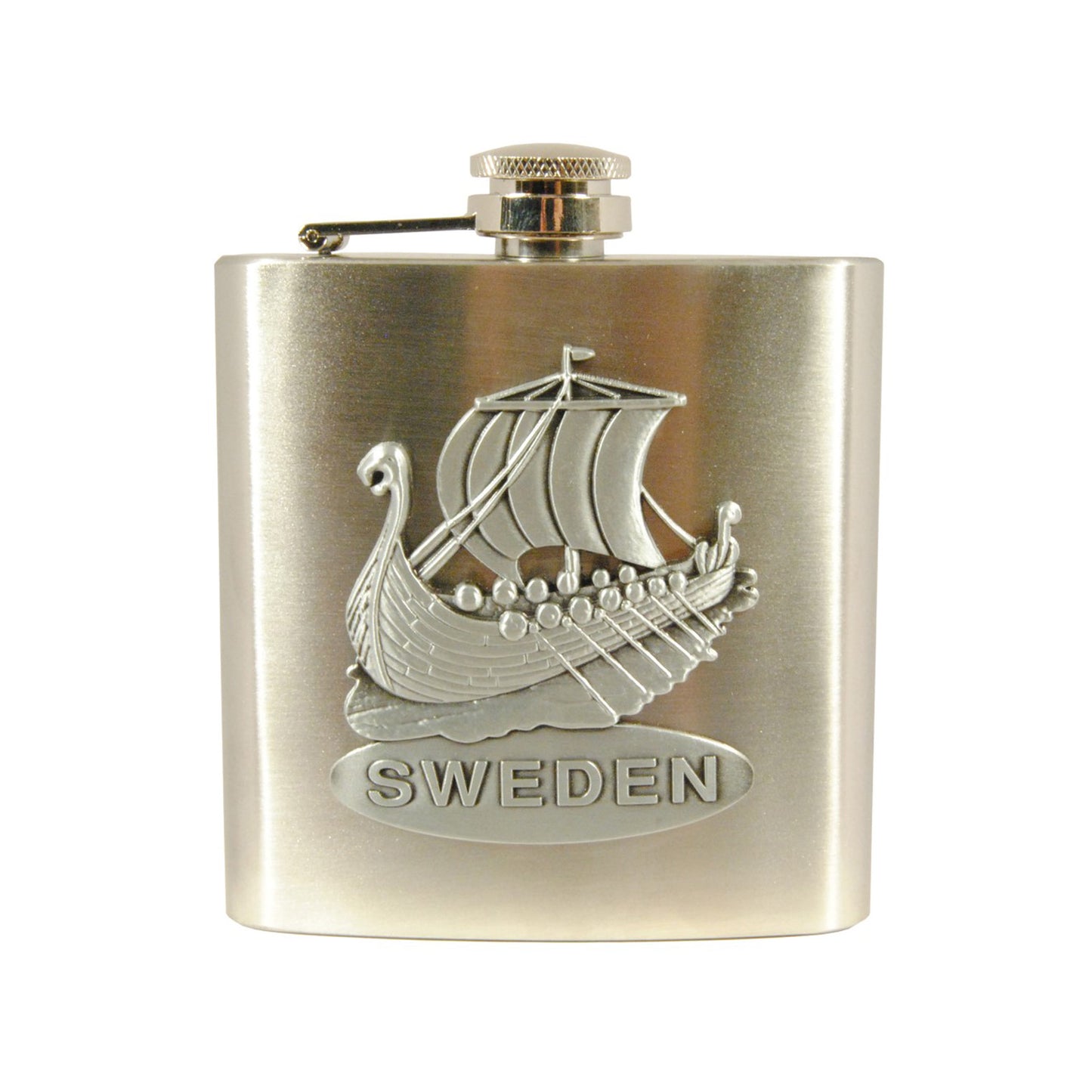 Metallfickplunta med motiv av ett vikingaskepp i 2D-effekt. Under motivet syns texten ”Sweden”. Korken är fäst vid pluntan.