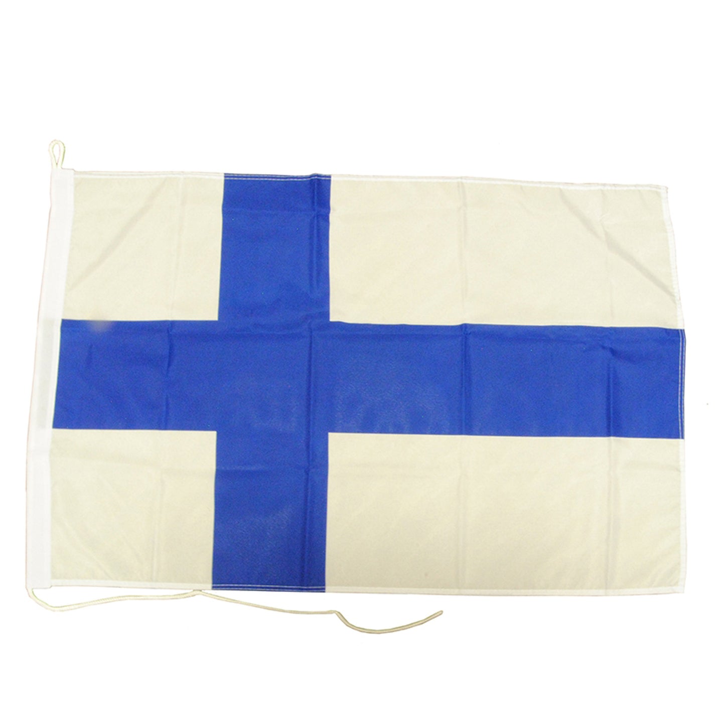Finsk Flagga90x60, lina och ögla vilket gör att den blir lätt att använda som fasadflagga eller på idrottsevenemang.