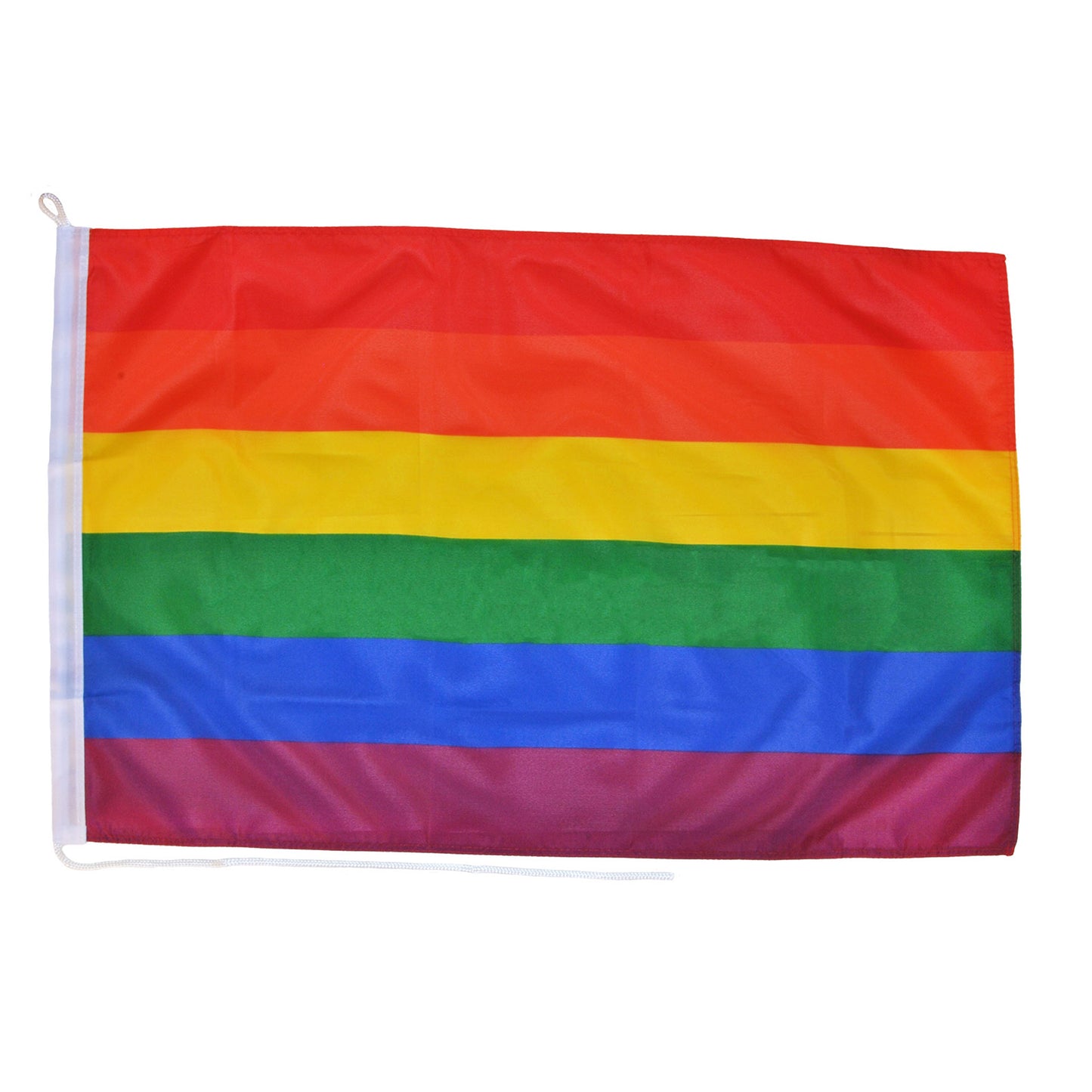 Pride flagga 90x60, lina och ögla vilket gör att den blir lätt att använda som fasadflagga eller på idrottsevenemang.