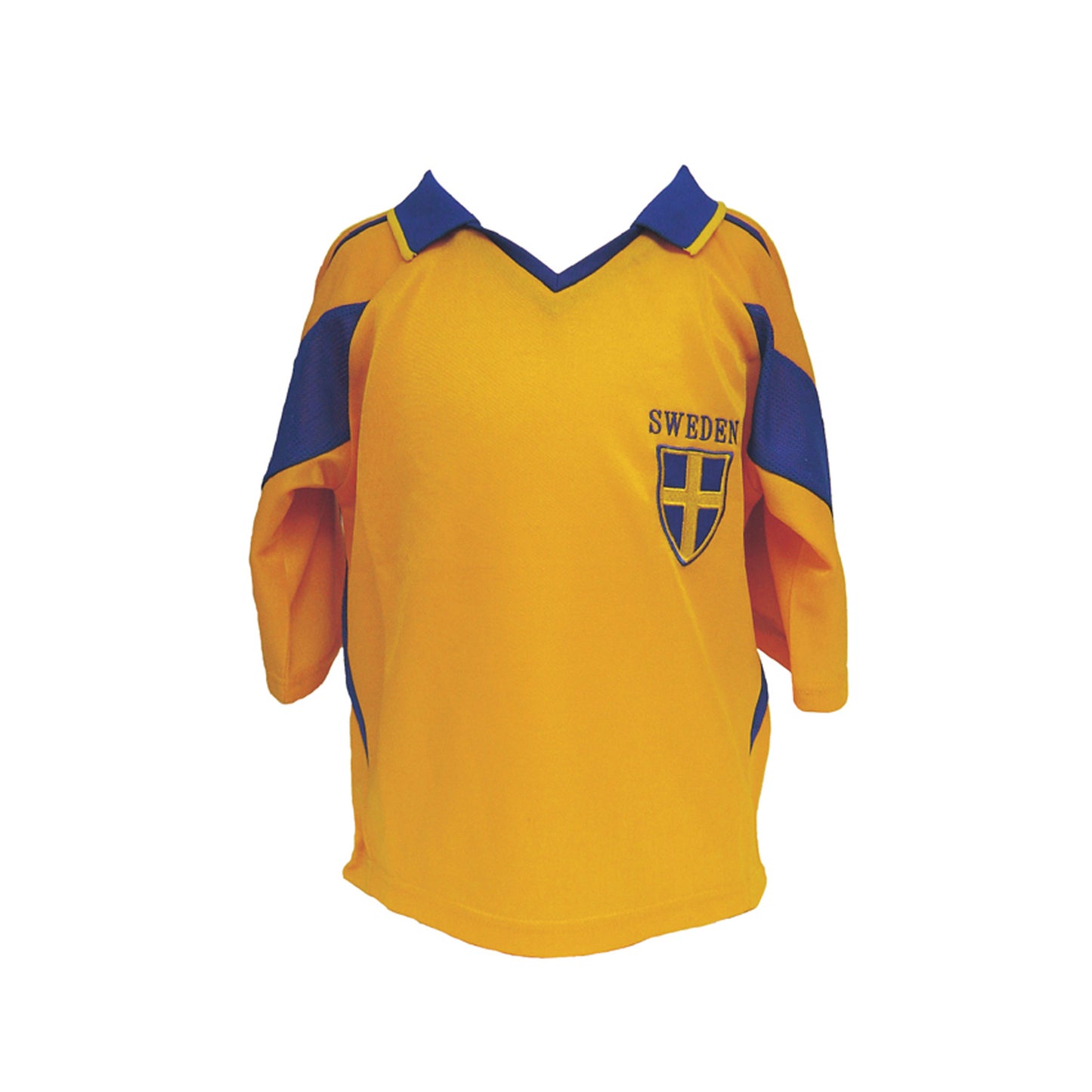 Svensk fotbollströja för barn, gul med blått tryck.