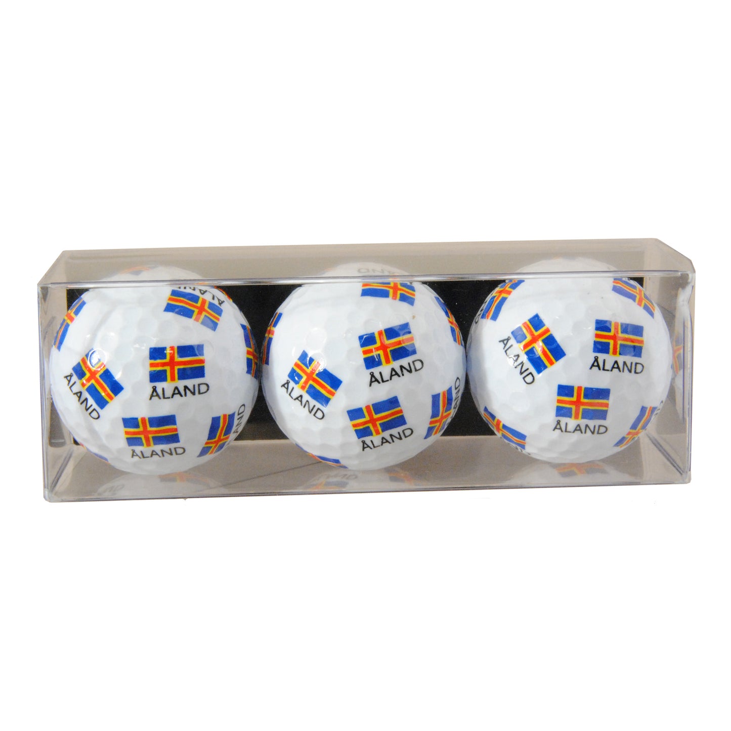 3-pack golfbollar med texten "ÅLAND" och Ålands flagga. Levereras i genomskinlig presentförpackning. Rolig och unik present för golfälskare.