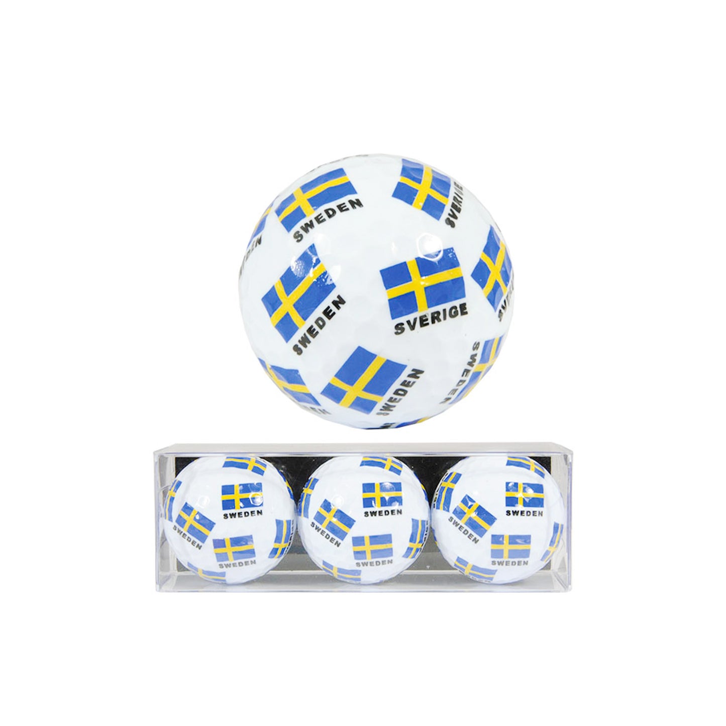 3-pack golfbollar med svensk flagga och text tryckt runt hela bollen – stilfull design och hög kvalitet. Perfekt som golf-souvenir.