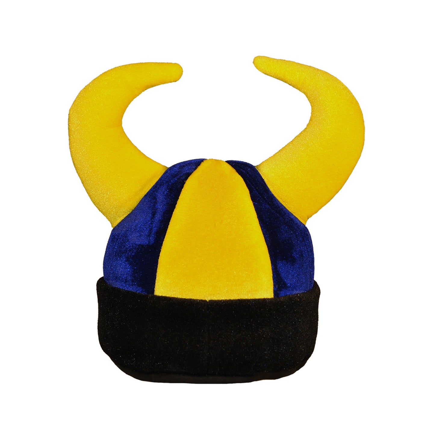 Baksidan av blå-gul vikingamössa med ställbar storlek. Mössan har gula horn och är mjuk och bekväm.