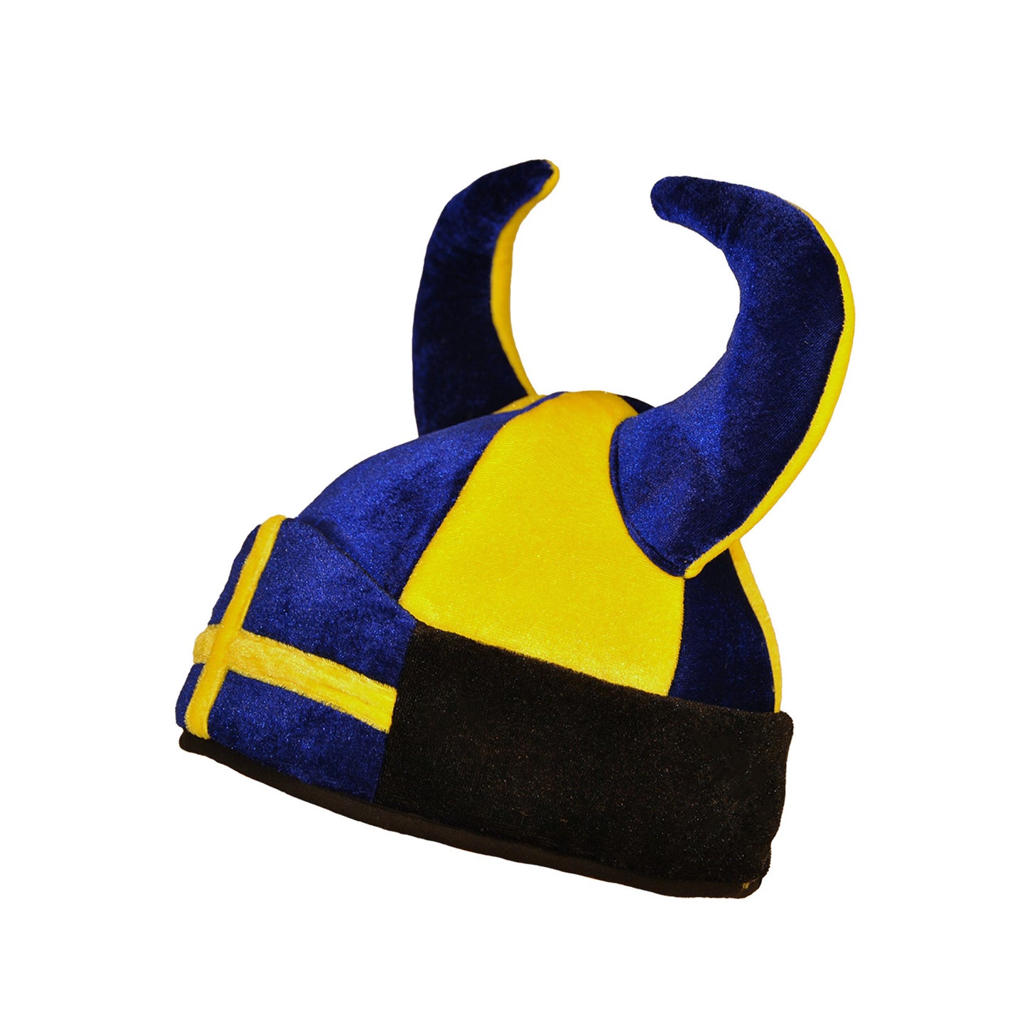 Blå-gul vikingamössa med ställbar storlek, sedd från sidan. Mjuk mössa med blå och gula horn.
