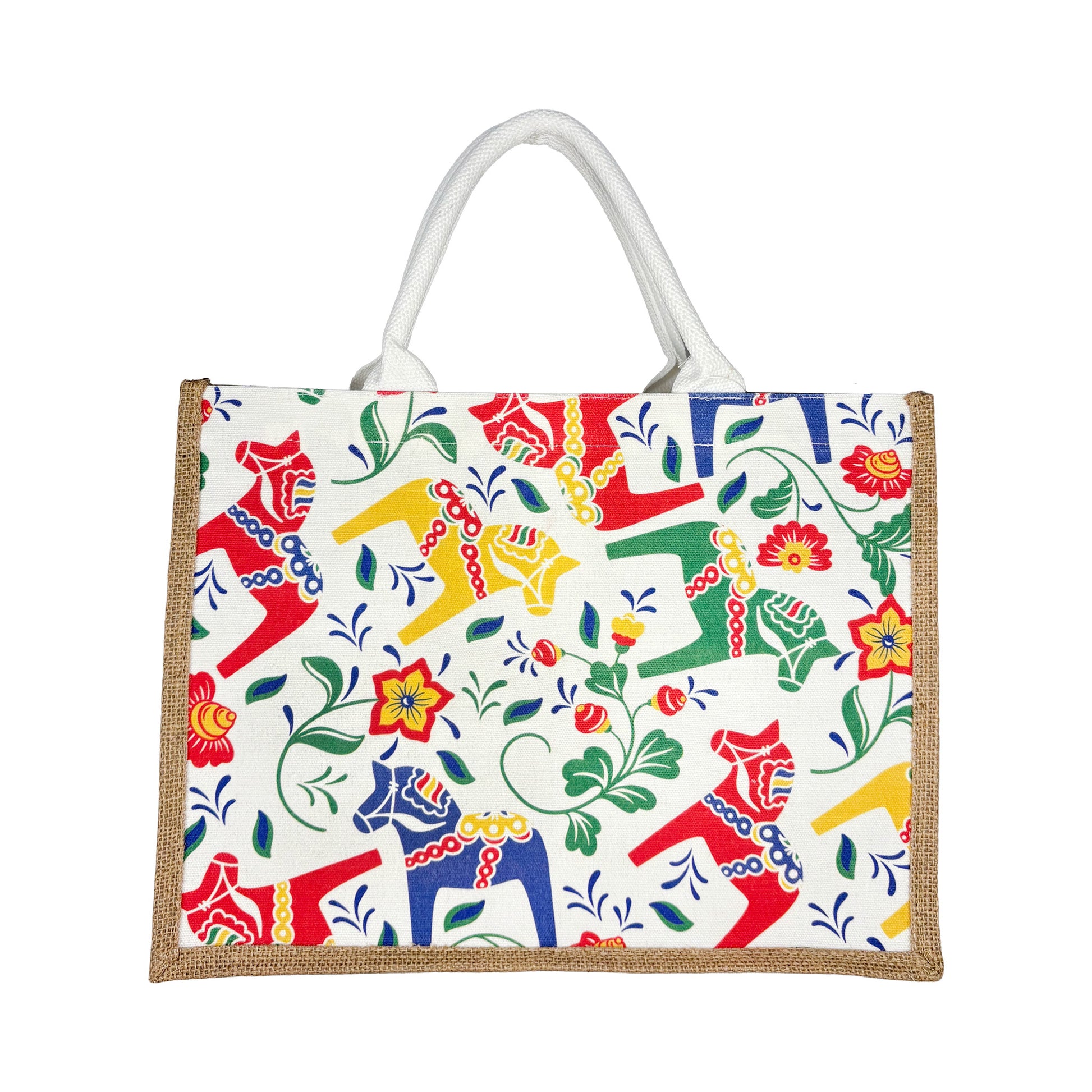 Handväska med färgglada dalahästar och två handtag, lätt och rymlig med folklig svensk design - sedd rakt framifrån.