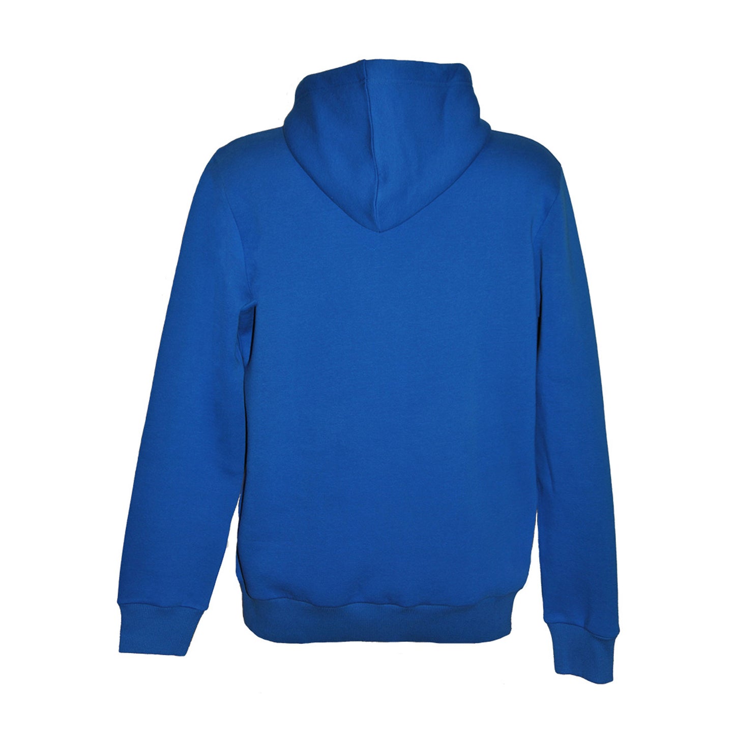Blå hoodie med svensk flagga och texten Sweden – sedd bakifrån. Inget motiv på baksidan.