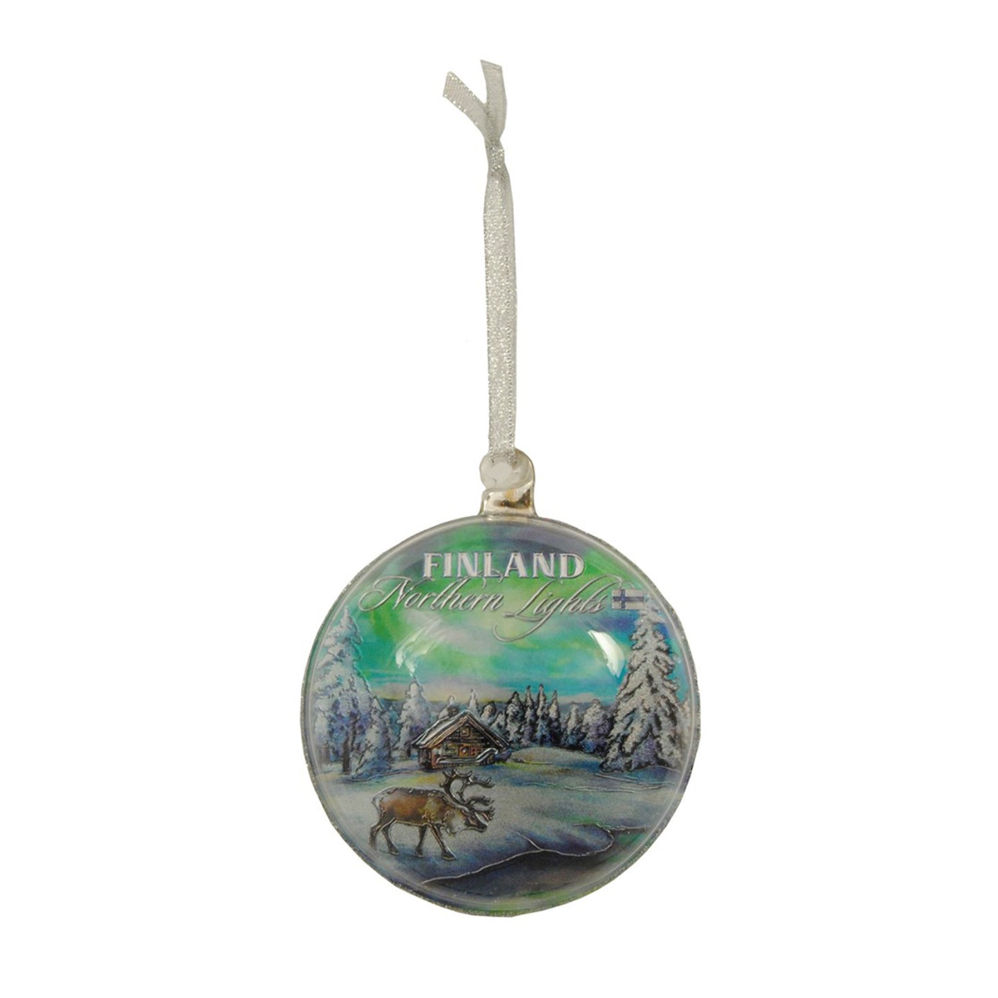 Juldekoration med motiv av ren, snö, natur och norrsken samt texten "Finland Northern Lights". Diameter 9 cm, levereras i ask.
