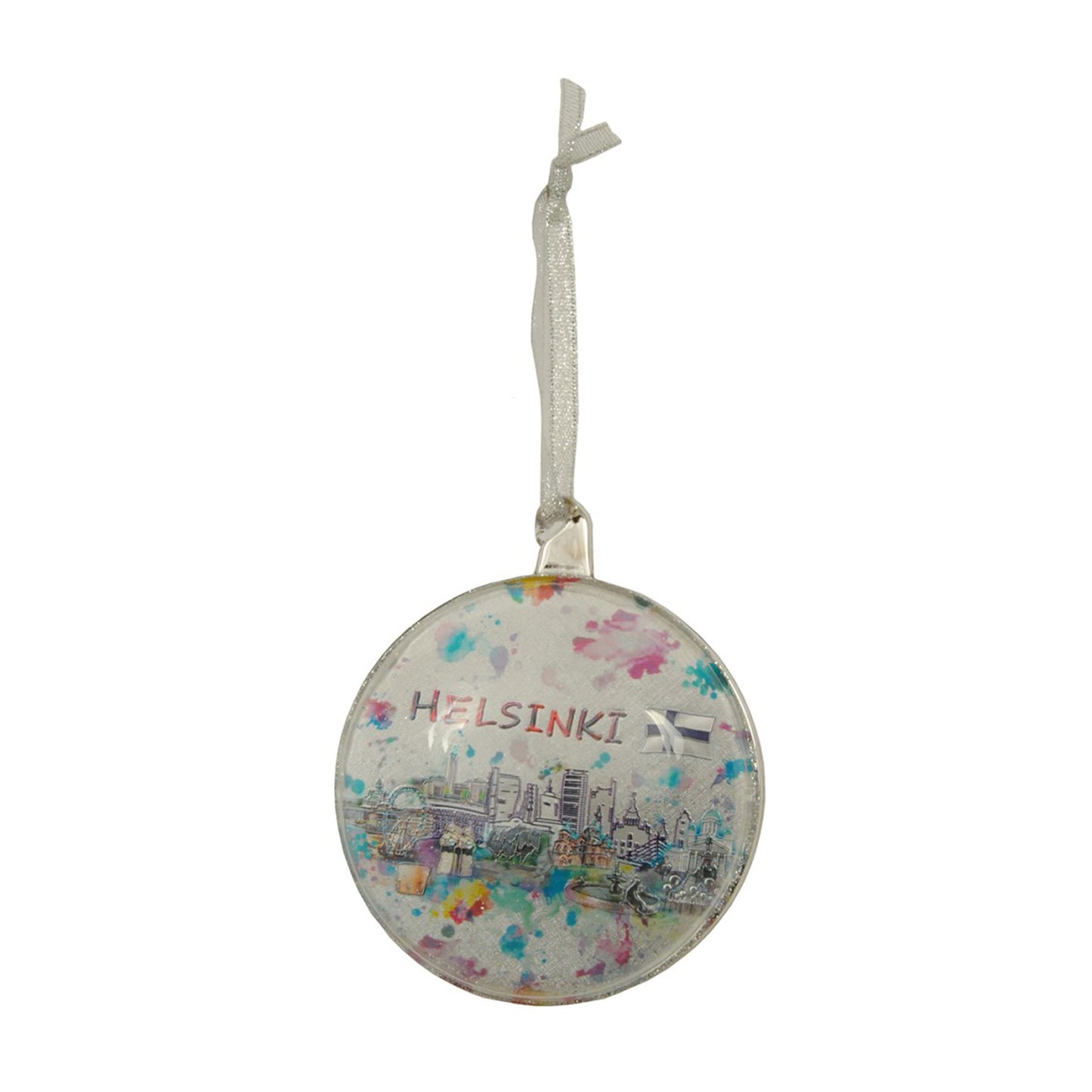 Juldekoration med motiv av Helsingfors och texten "Helsinki", designat så att det ser ut att vara målat i akvarell. Rund dekoration, 9 cm i diameter, levereras i ask.