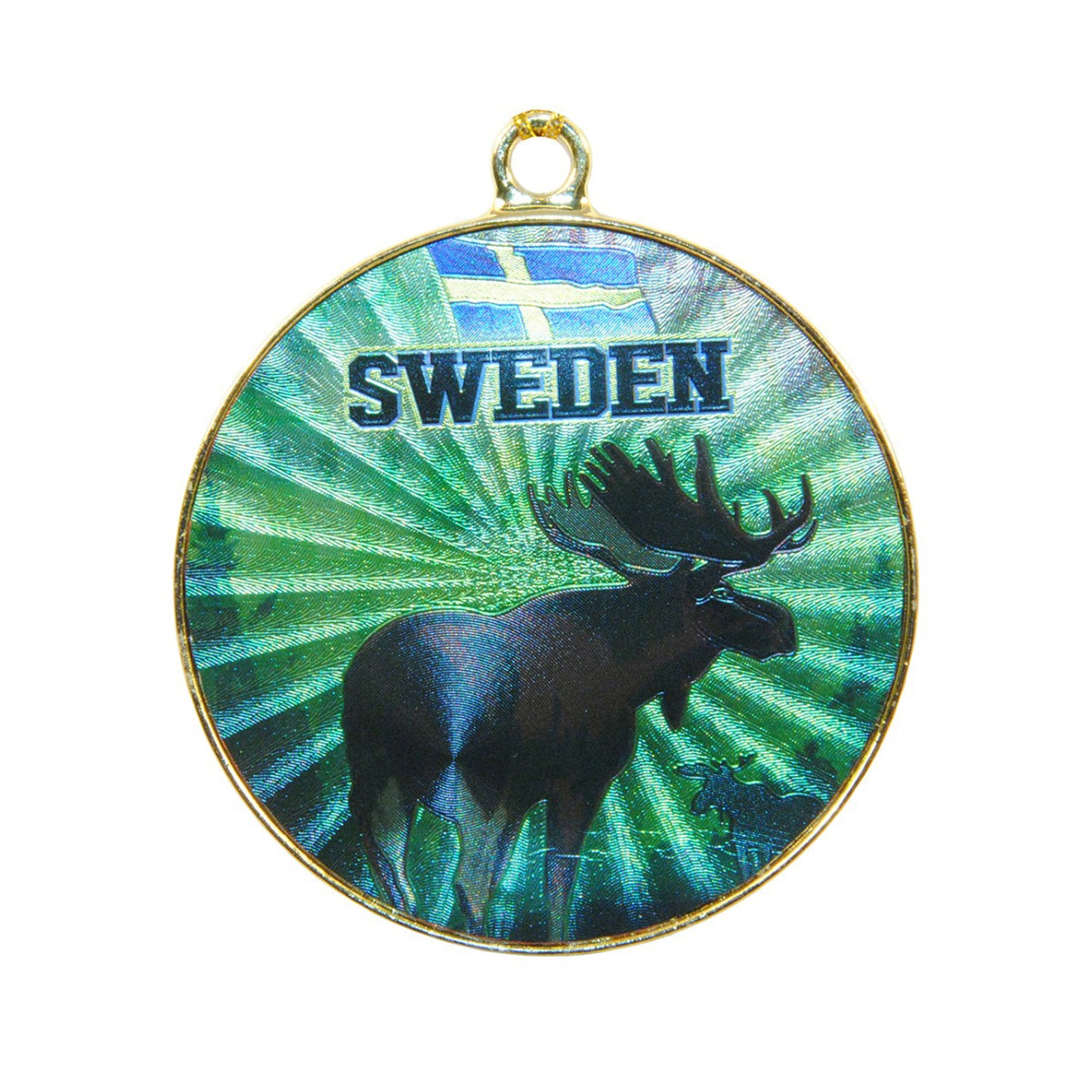 Närbild på juldekoration med älgmotiv och texten "Sweden" med guldsnöre och skinande yta.