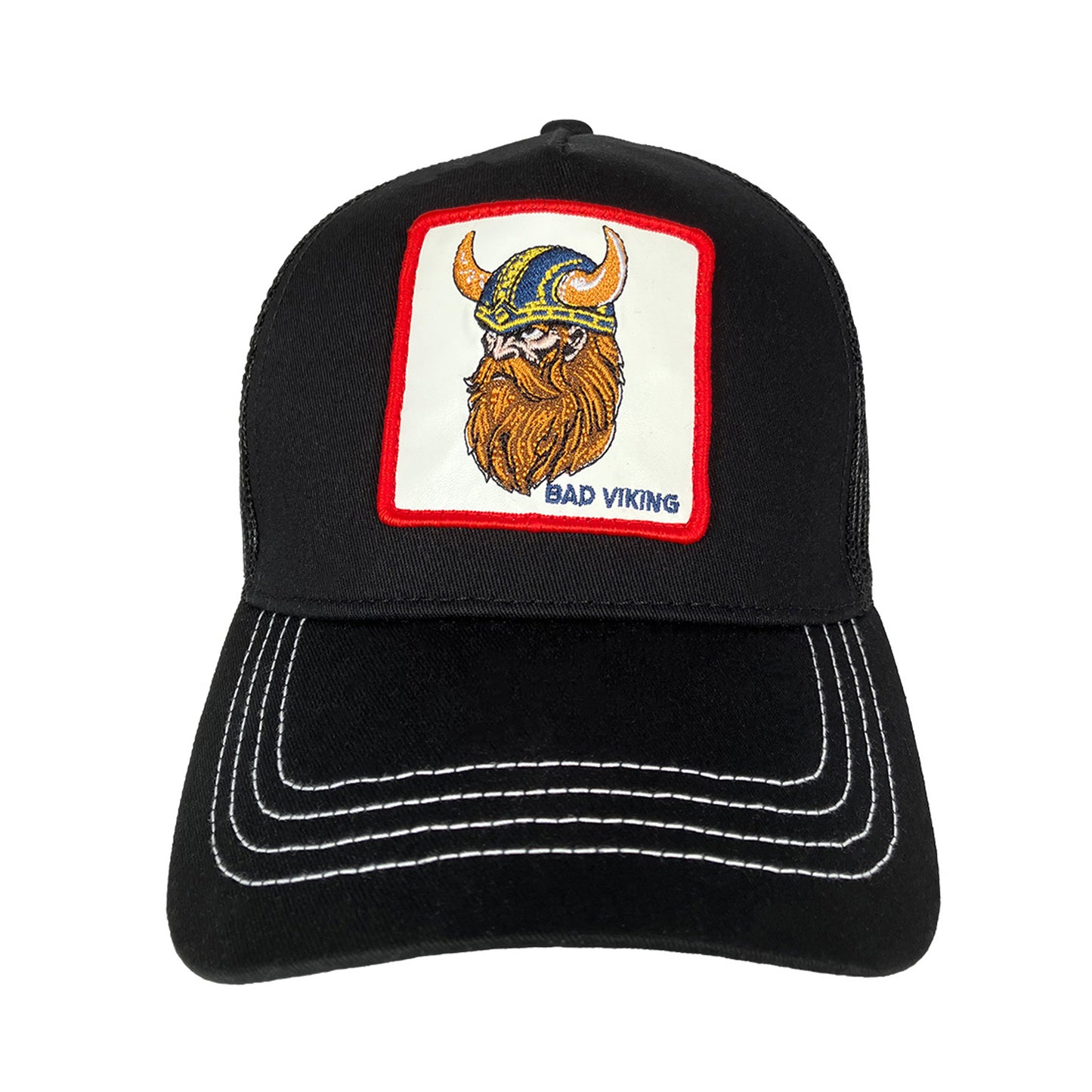 Svart truckerkeps med ett broderat märke föreställande en viking och texten "Bad Viking"- sedd framifrån.