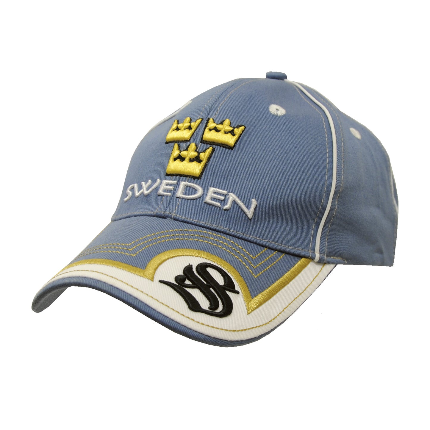Ljusblå souvenirkeps med 3D-broderade Tre Kronor och Sweden-text.