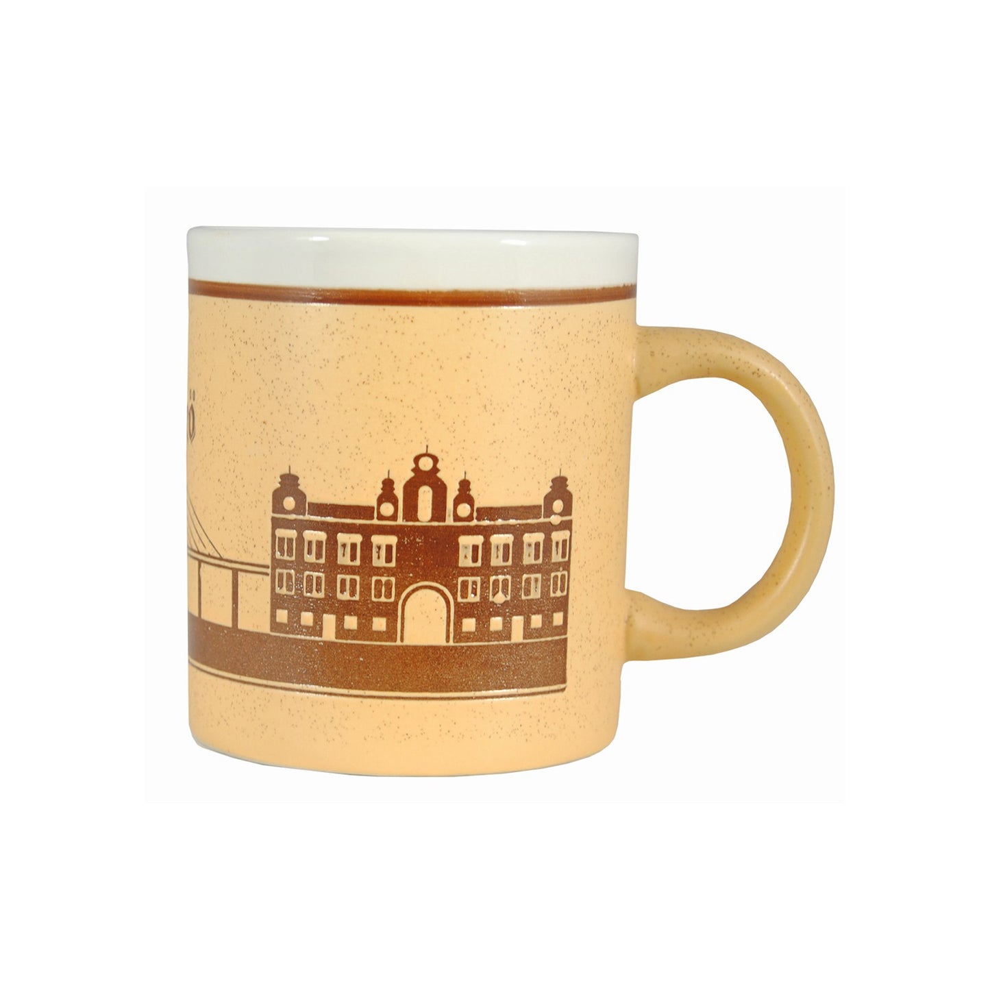 Keramikmugg i ljusbrunt med graverat mörkbrunt motiv av Malmö Centralstation, samt en skymt av Öresundsbron. En stilren souvenirmugg med vit insida och gedigen känsla.