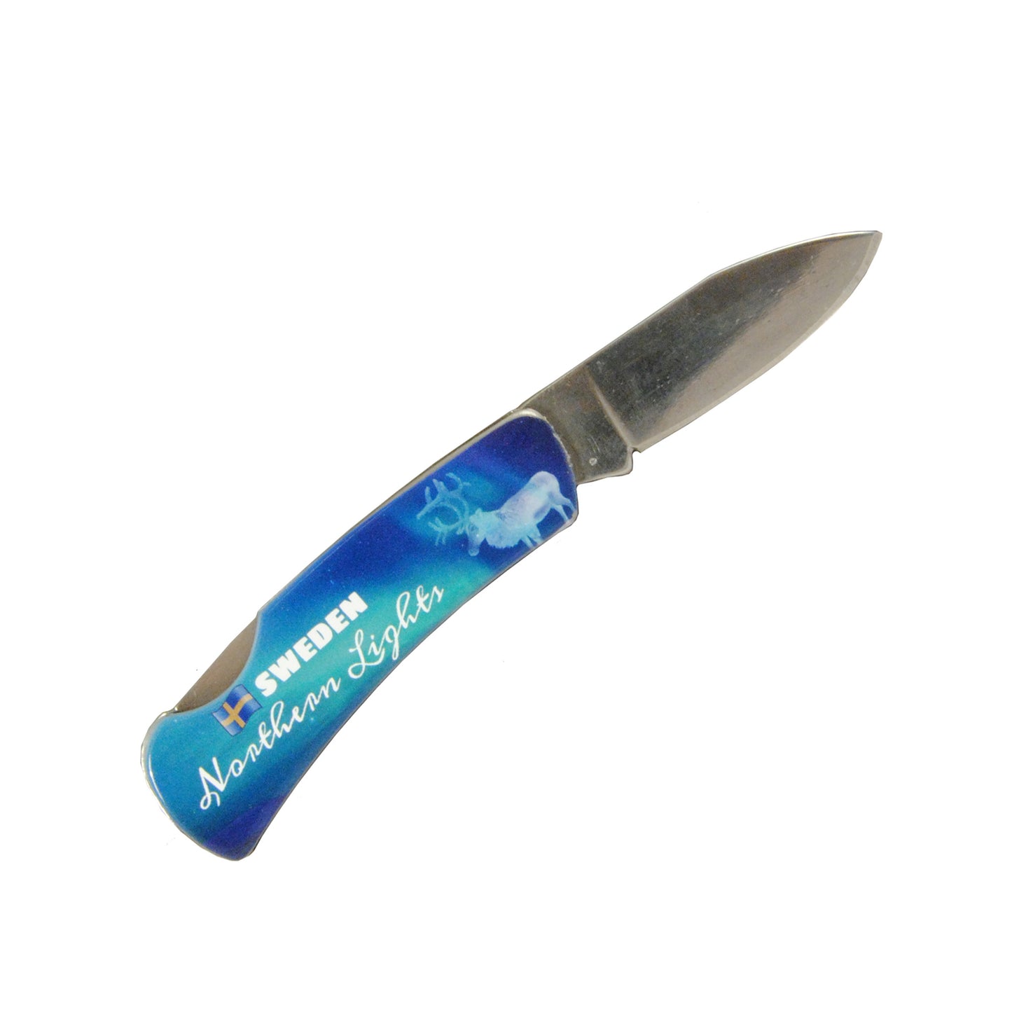 Fällkniv med norrskensmotiv och texten "Sweden Northern Lights" på skaftet, 7 cm lång – en liten men robust kniv med stämningsfull design.