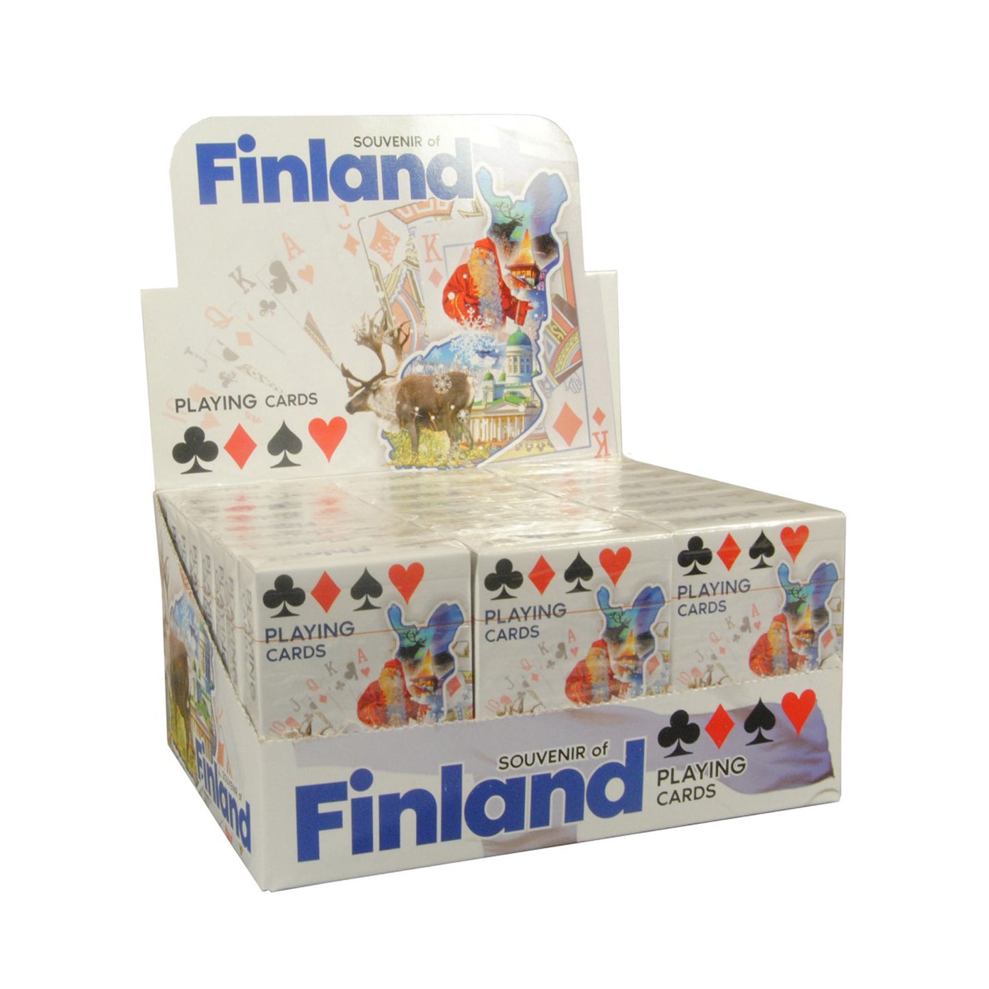 Displayförpackning med flera kortlekar. Varje kortlek har motiv av Finlands karta och texten ”Souvenir of Finland” på framsidan. Även förpackningen pryds av samma motiv.