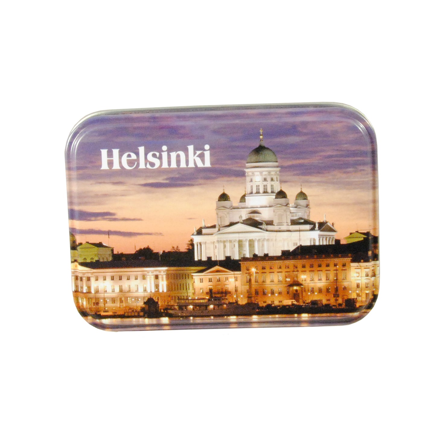 Kortlek i metallåda med motiv av Helsingfors domkyrka och texten ”HELSINKI”. En praktisk och dekorativ souvenir från Finland.