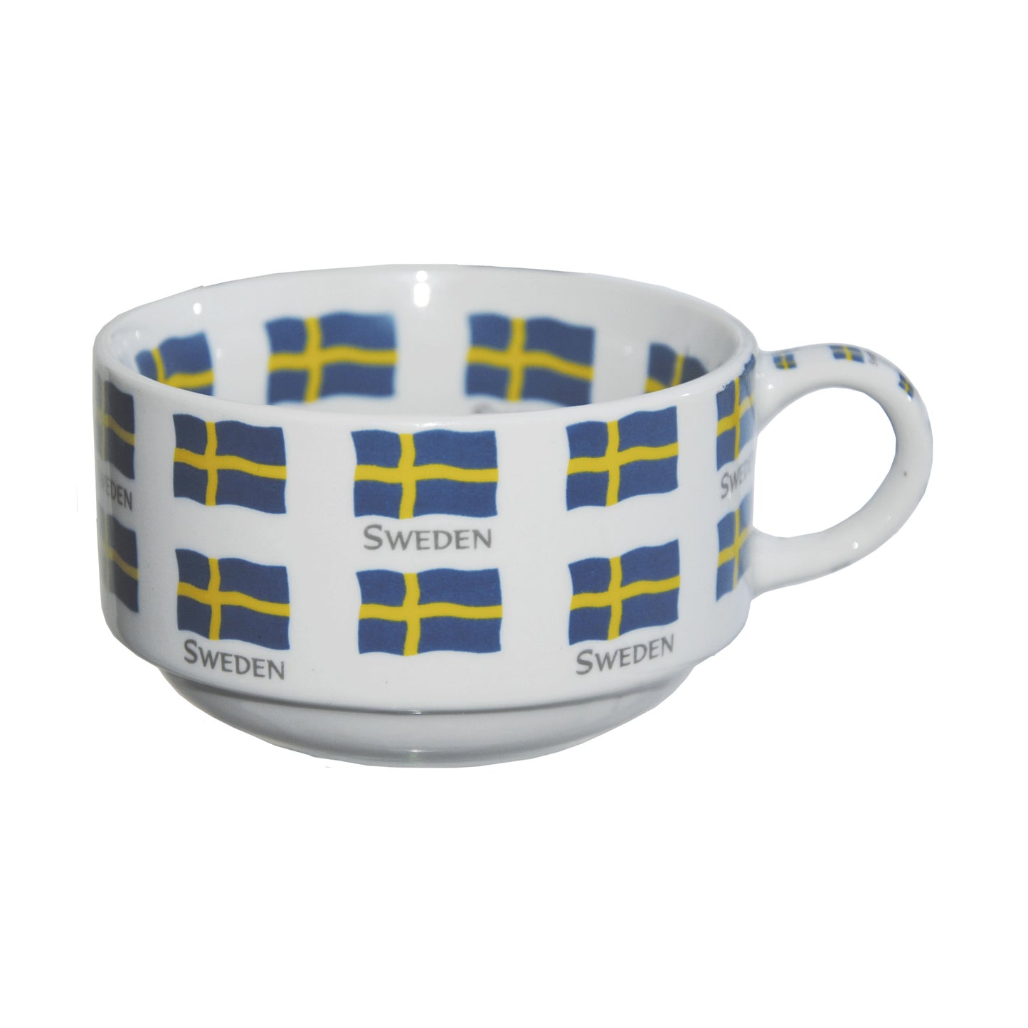 Vit låg mugg med svenska flaggor både på insidan och utsidan. Under en del av flaggorna finns texten "Sweden".