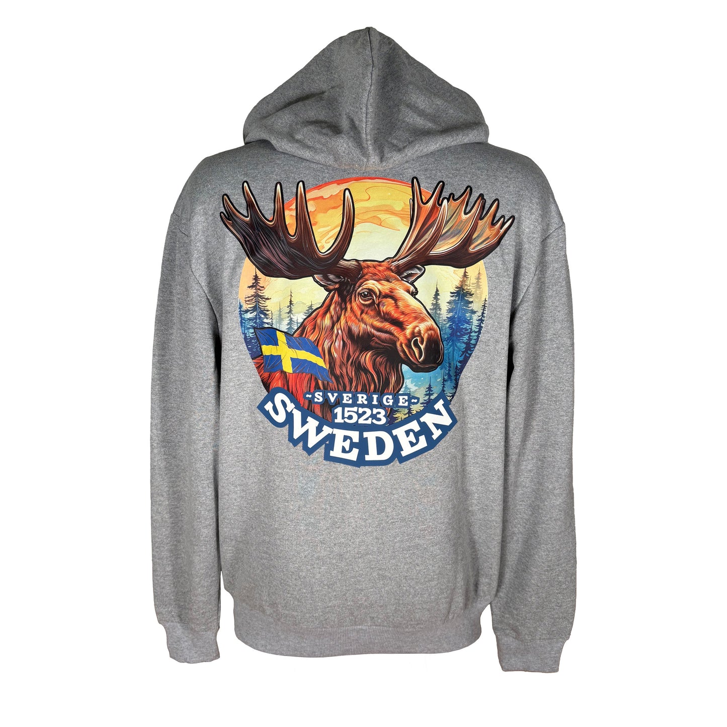 Baksidan av ljusgrå hoodie med ett stort älgmotiv.
