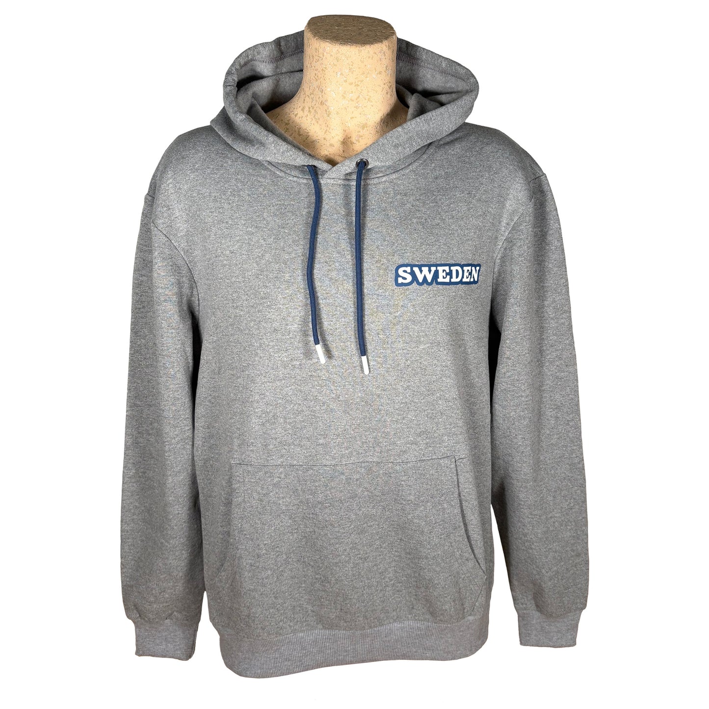 Ljusgrå hoodie sedd framifrån, med texten "Sweden" tryckt på ena bröstet.