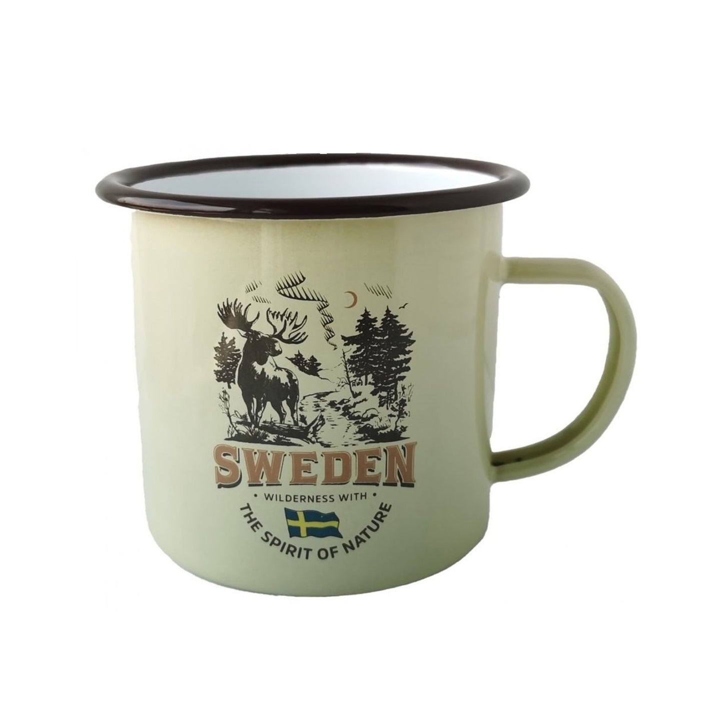 Ljusgul emaljmugg med svart kant, älg, skogsmotiv och texterna “Sweden” och “wilderness with the spirit of nature”. En rustik mugg i tåligt material, perfekt för friluftsliv.