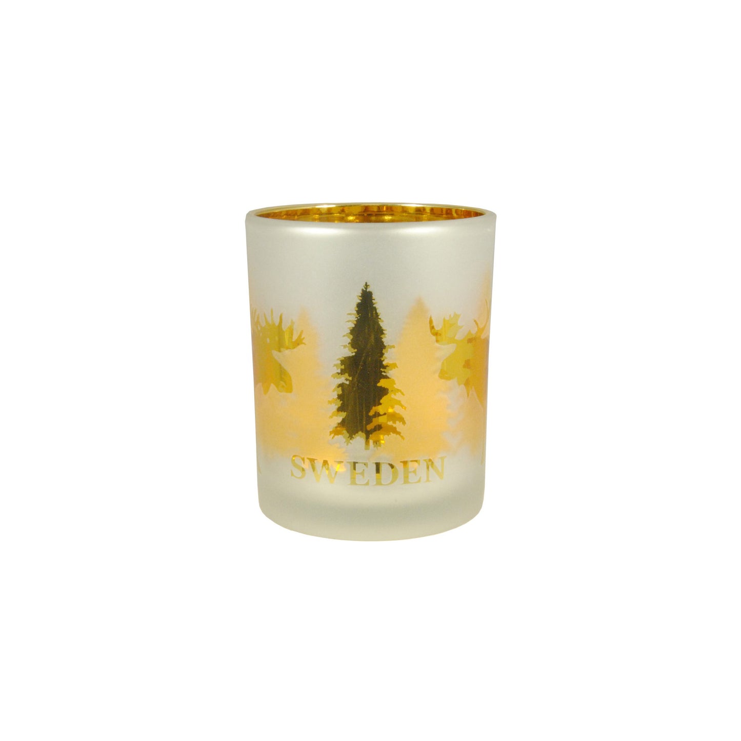 Frostad ljuslykta i glas med guldfärgat älgmotiv och texten 'Sweden', 7 cm hög.