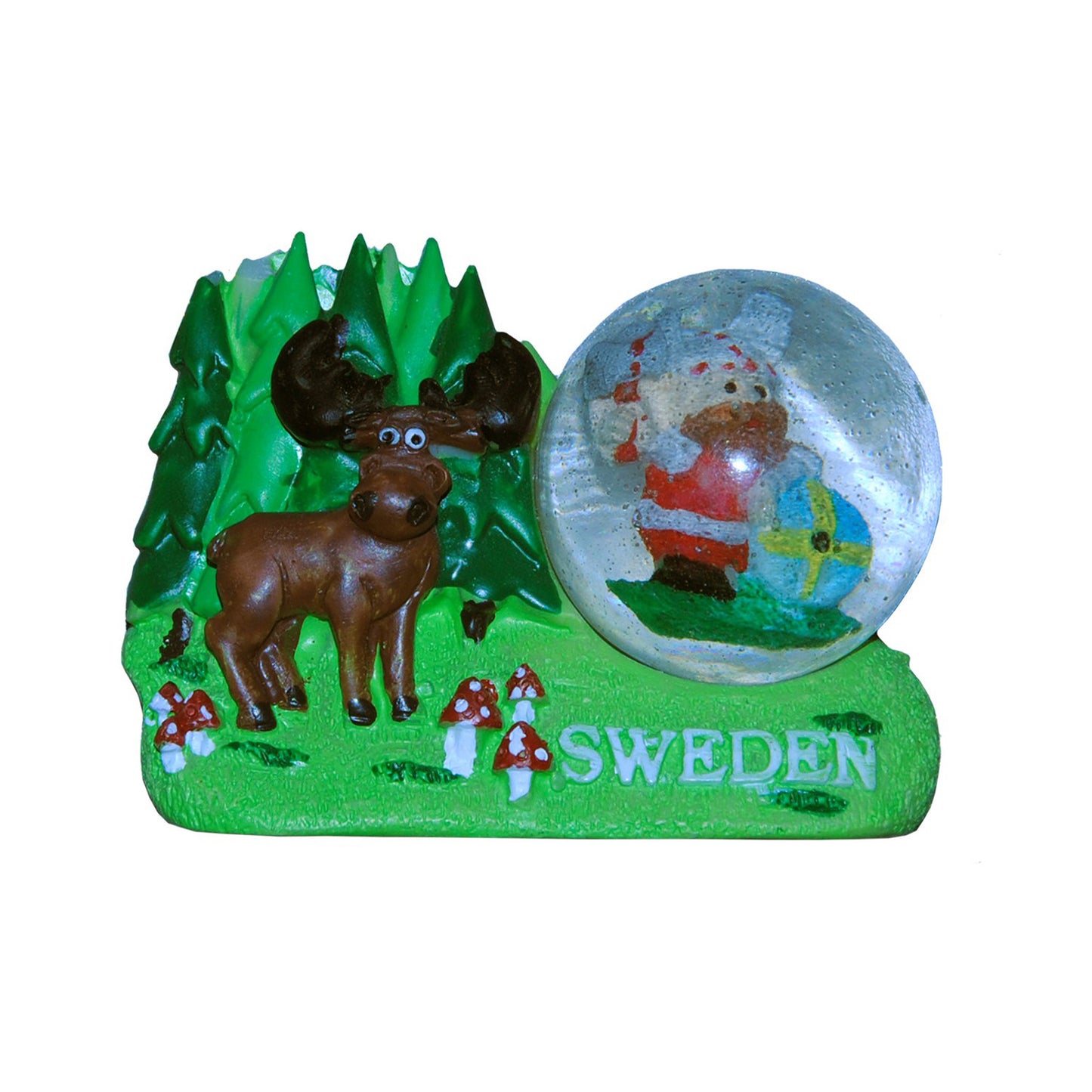 Magnet med motiv av en älg och en glaskula där en viking syns. Texten "Sweden" finns också med.