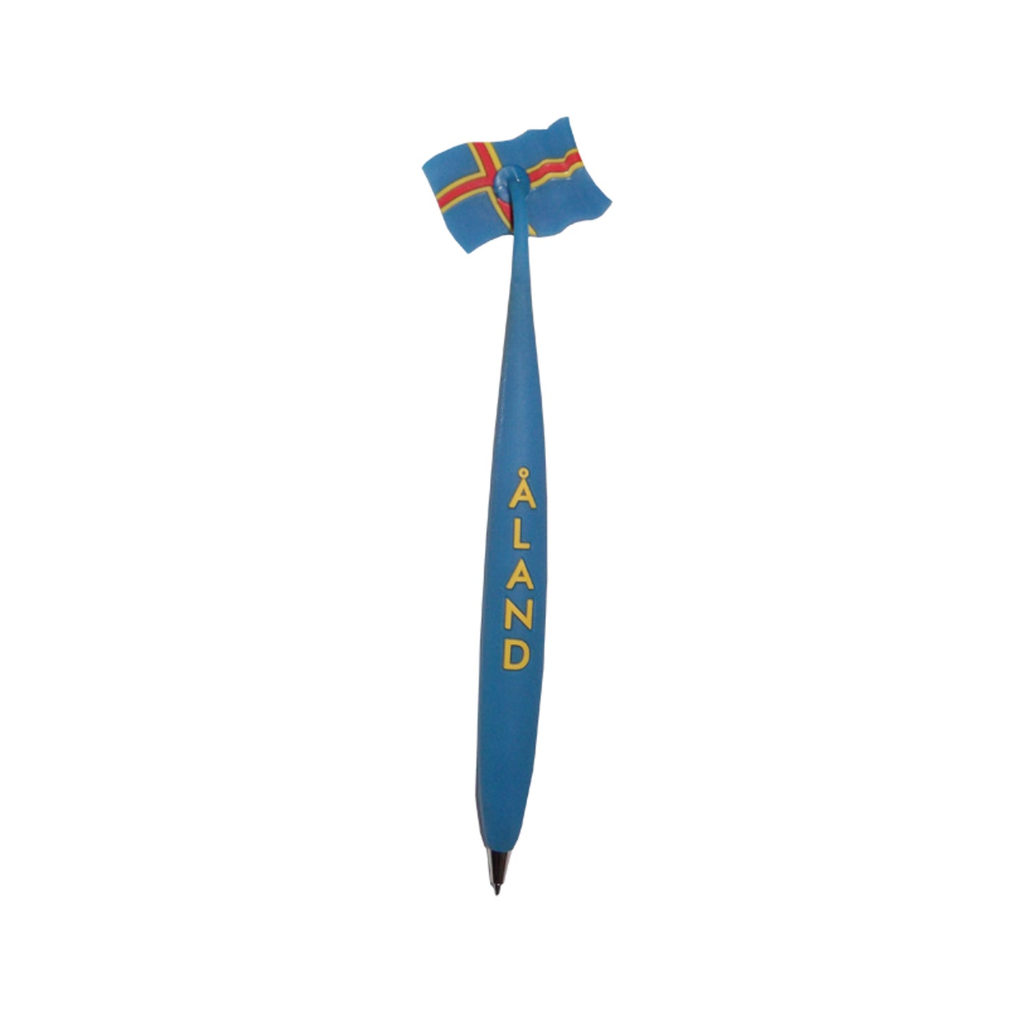 Blå magnetpenna med Ålands flagga som magnet och texten "ÅLAND" på pennan.