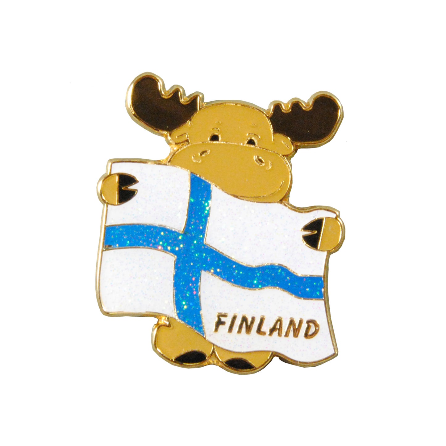 Glittrig älgmagnet som håller en finsk flagga med texten "FINLAND". En söt och rolig magnet som passar perfekt på kylskåpet.