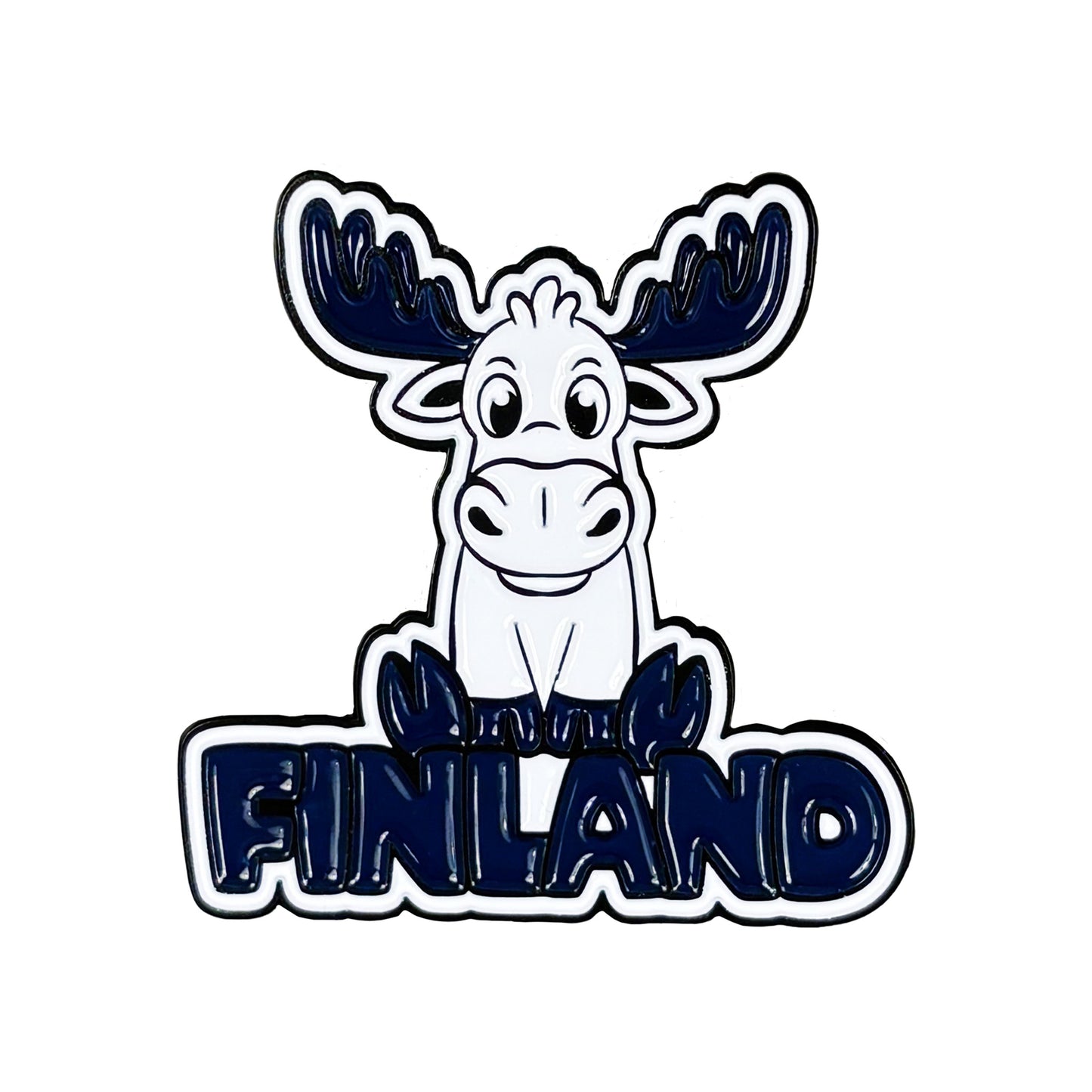 Magnet med älgmotiv i lekfull stil och texten "Finland" – en rolig och charmig detalj för kylskåp och andra metallytor.