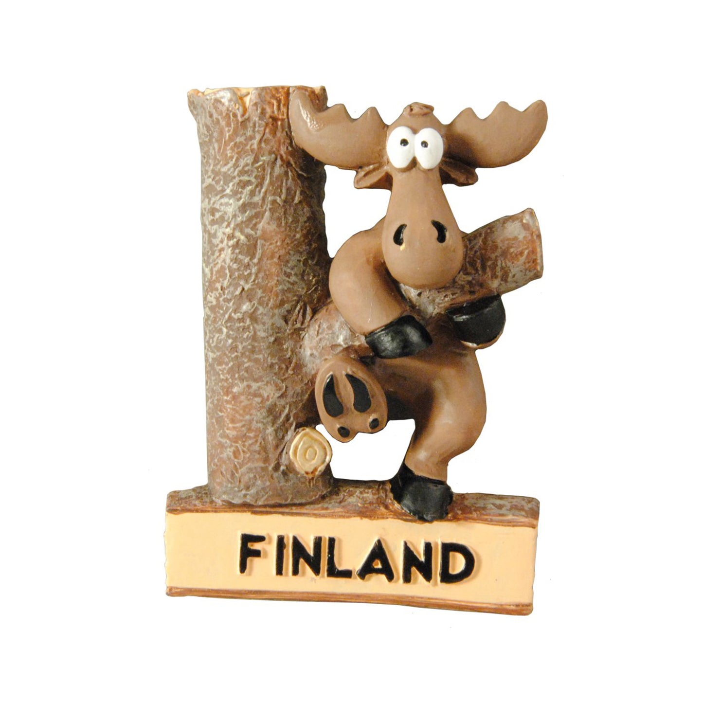 Souvenirmagnet med en rolig älg och träd, samt texten "Finland". En storsäljande och populär magnet med finskt tema.