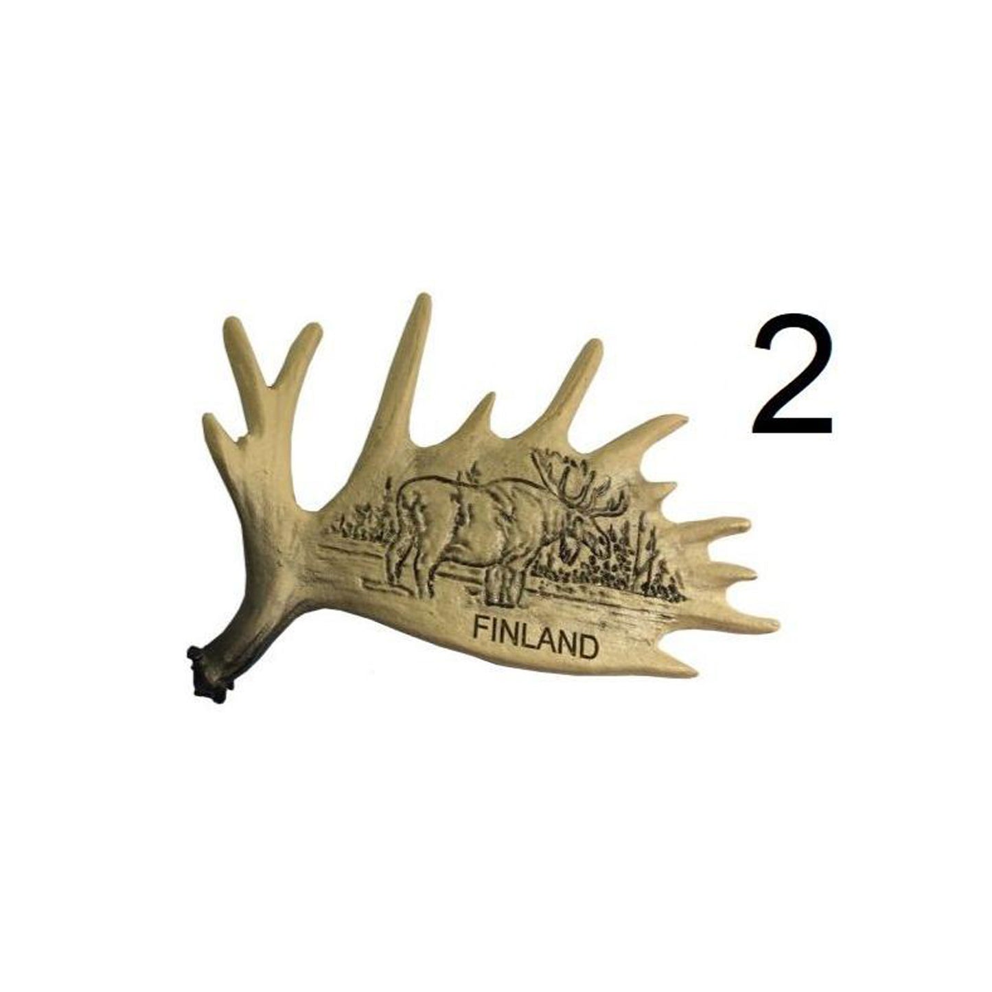 Souvenirmagnet formad som ett älghorn med motiv av en älg och texten "Finland". En naturinspirerad och stilfull souvenir.
