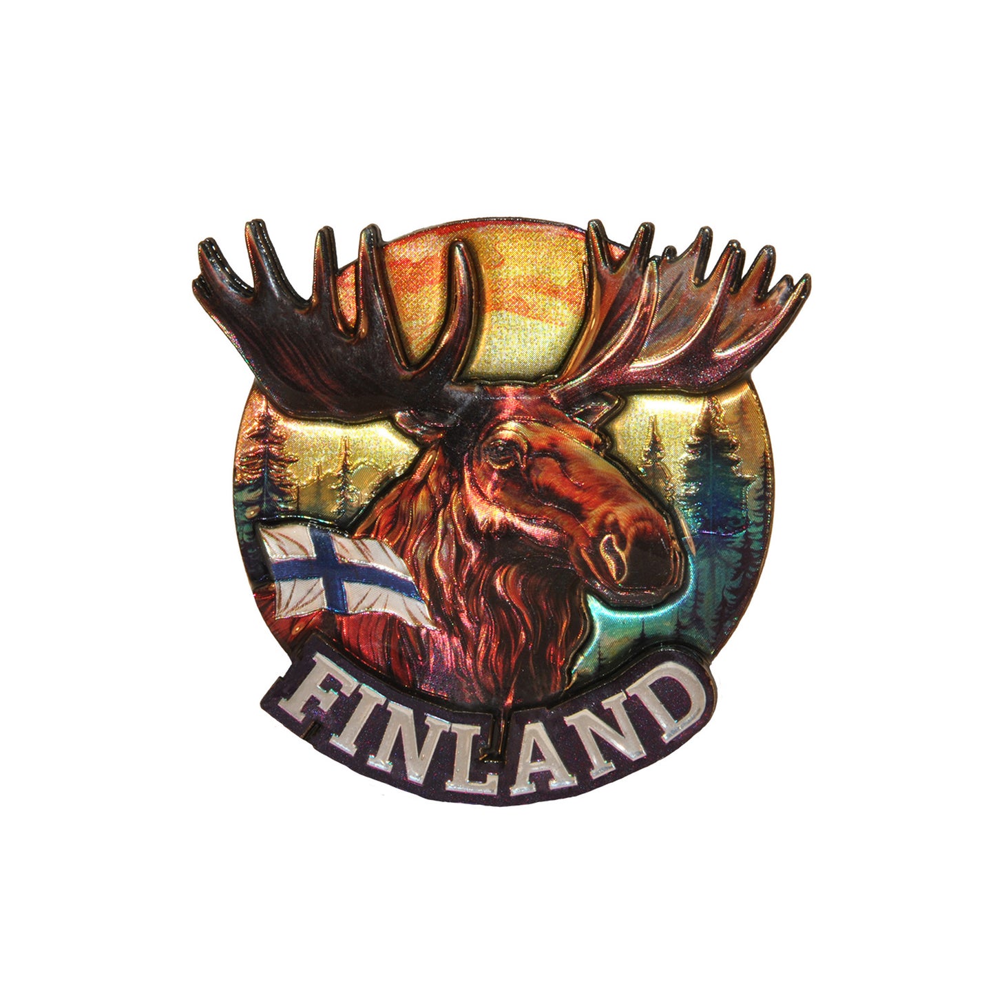 Rund 3D-magnet som pryds av ett fint älghuvud, texten 'Finland' och den finska flaggan.