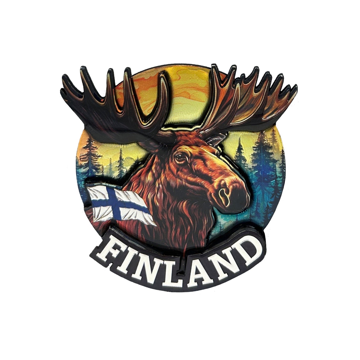 Rund 3D-magnet som pryds av ett fint älghuvud, texten 'Finland' och den finska flaggan.