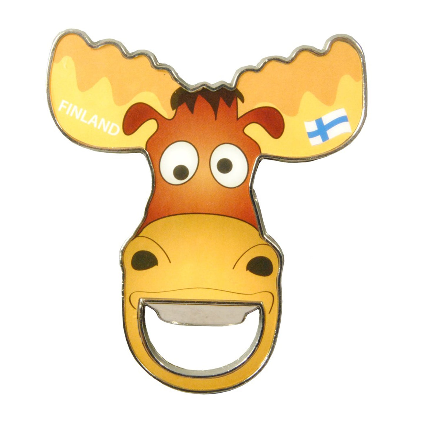 Metallmagnet i form av en älg med flasköppnare i munnen, dekorerad med finsk flagga och texten "FINLAND" på hornen.