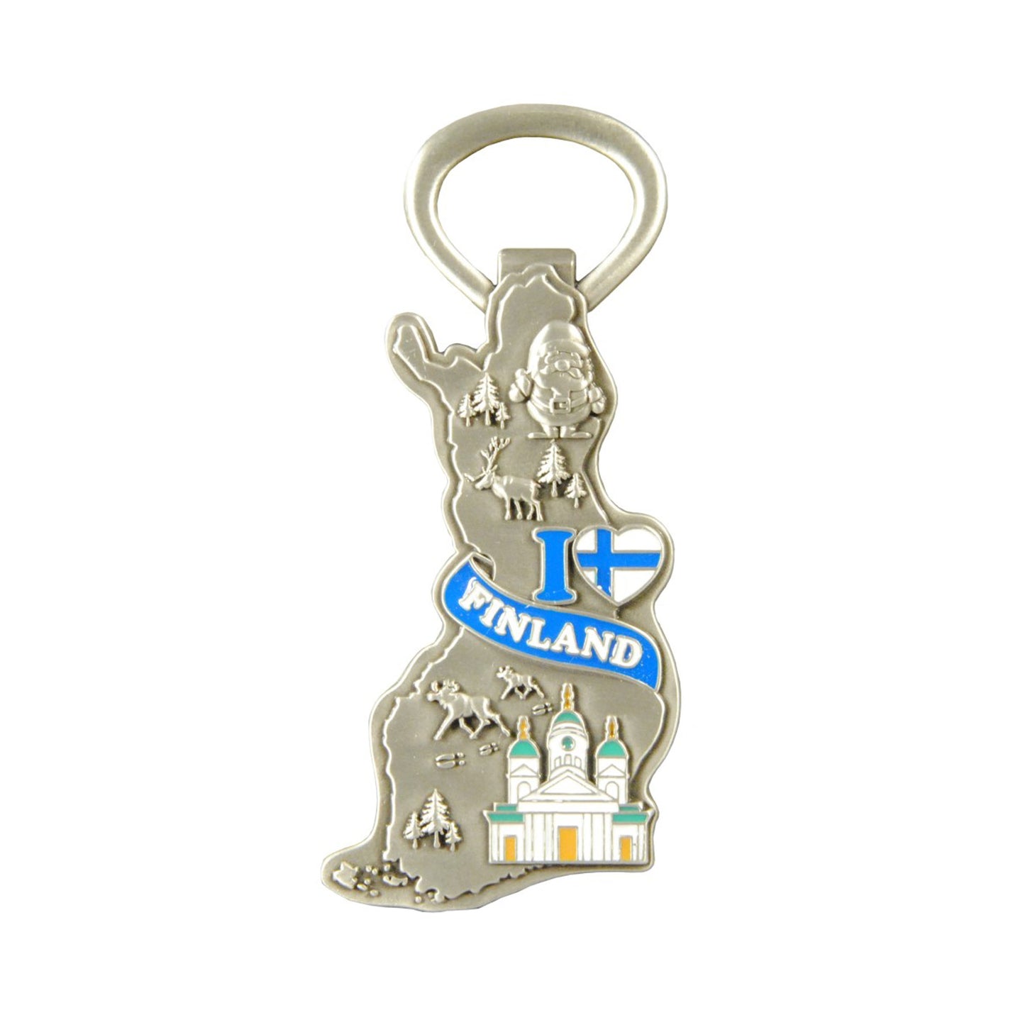 Metallmagnet i form av Finlands karta, dekorerad med en ren, tomte, älgar, Helsingfors domkyrka och texten 'I LOVE FINLAND' – 96x45 mm, med inbyggd flasköppnare för enkel användning.