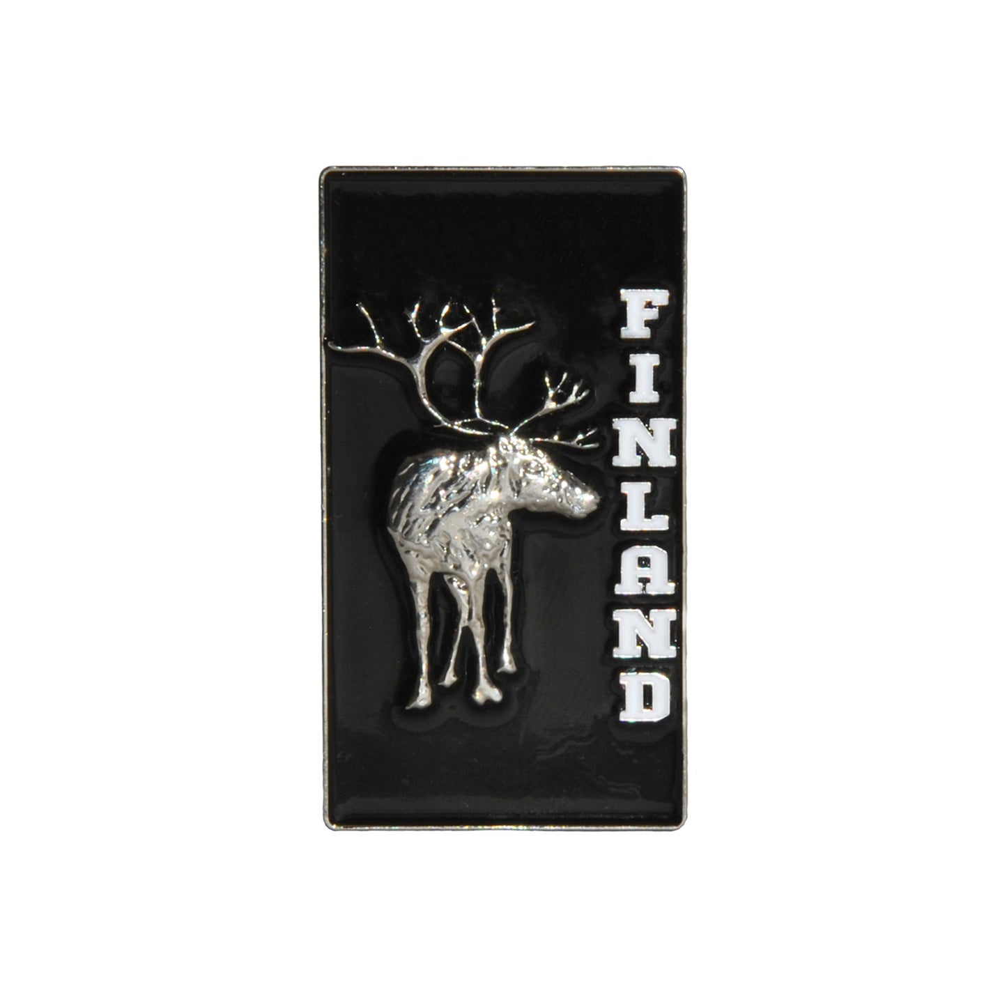 Rektangulär magnet med svart bakgrund, prydd med en silverfärgad 3D-ren och texten 'Finland'.