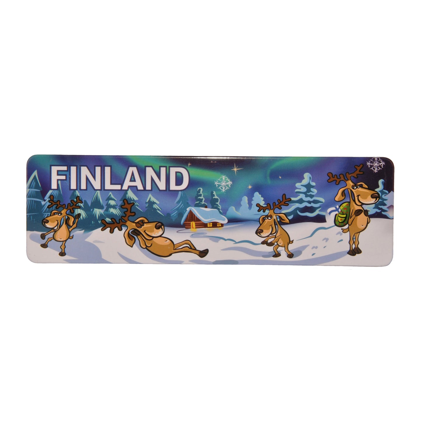Rektangulär magnet med ett tecknat motiv av ett vinterlandskap och lekfulla renar, Finlands flagga samt texten 'Finland'.