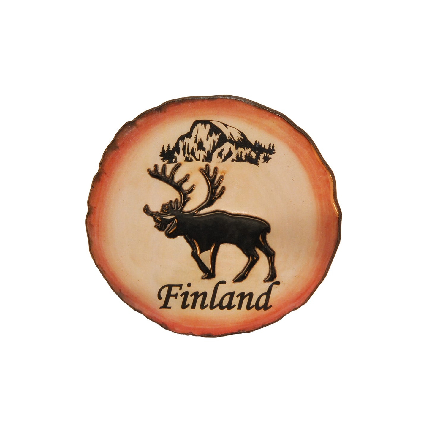 Magnet formad som en trästubbe med motiv en vacker ren tillsammans med texten "Finland".