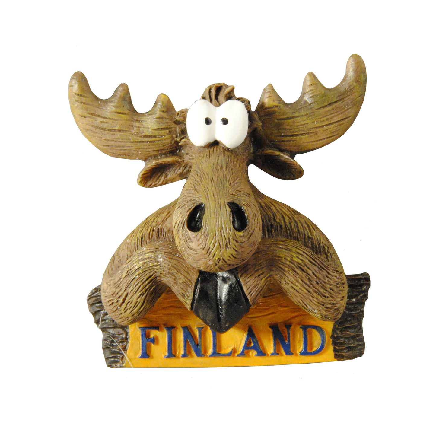 Souvenirmagnet med en rolig älg och texten "Finland". En av marknadens mest populära och detaljrika souvenirmagneter med finskt tema.