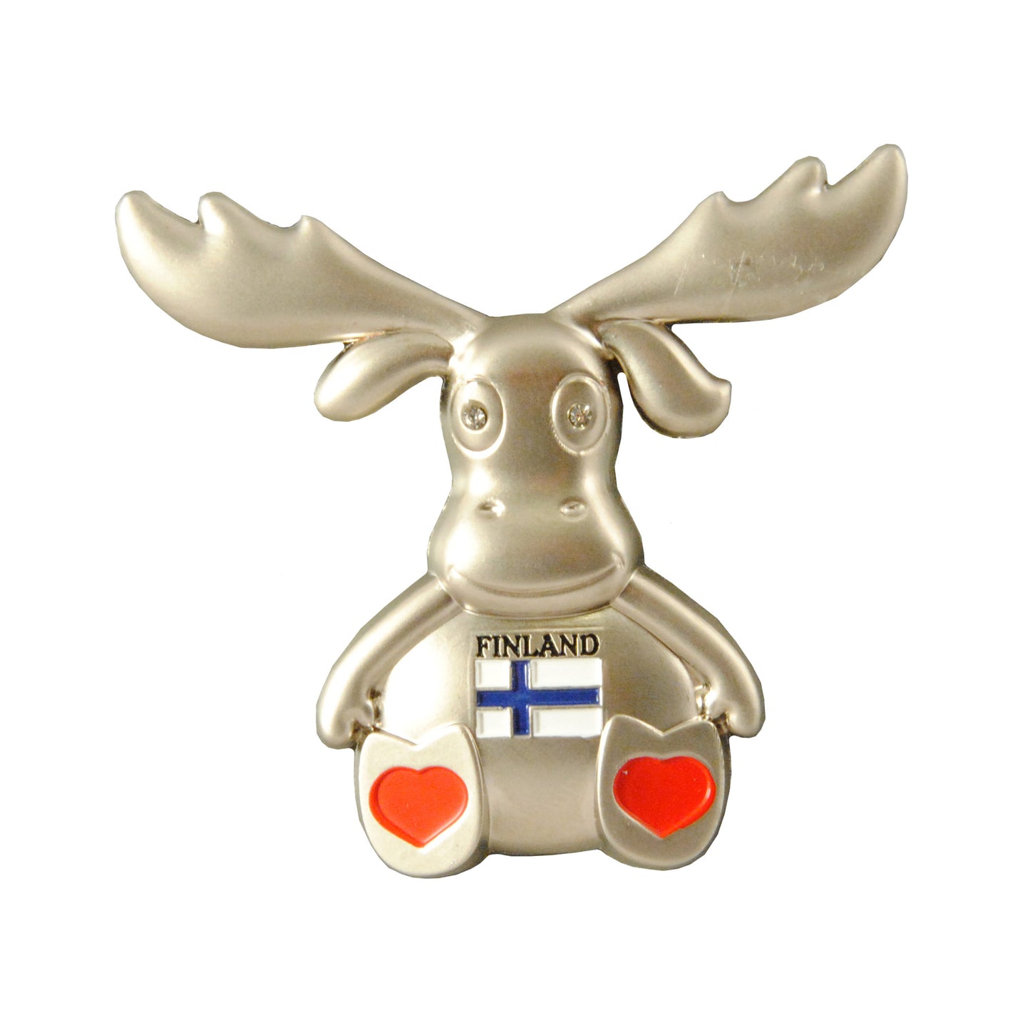 Metallmagnet föreställande en sittande älg med röda hjärtan under fötterna och finsk flagga på magen med texten "FINLAND". En söt och praktisk kylskåpsmagnet.