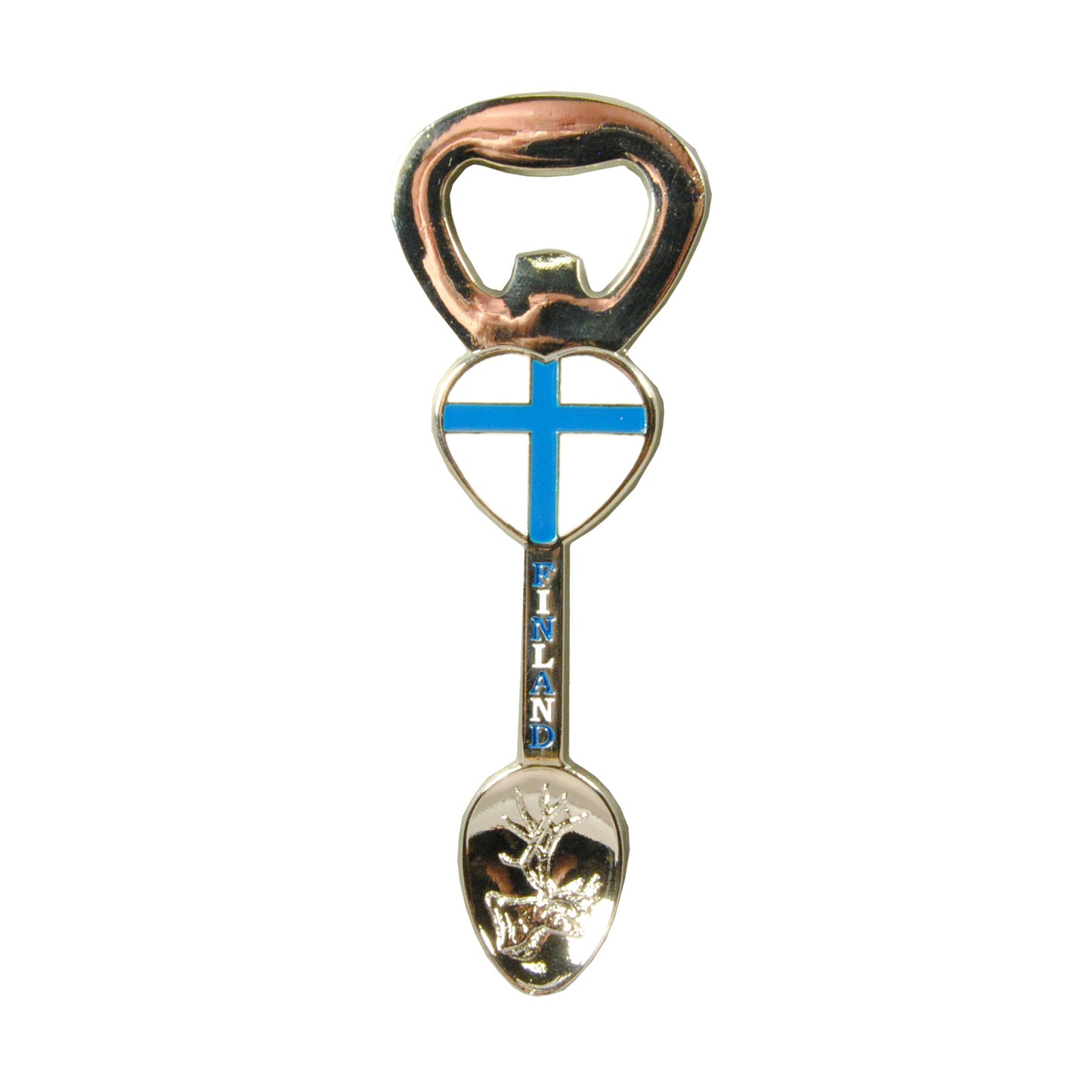 Magnet och flasköppnare i form av souvenirsked med finskt hjärta, renmotiv och texten "FINLAND".