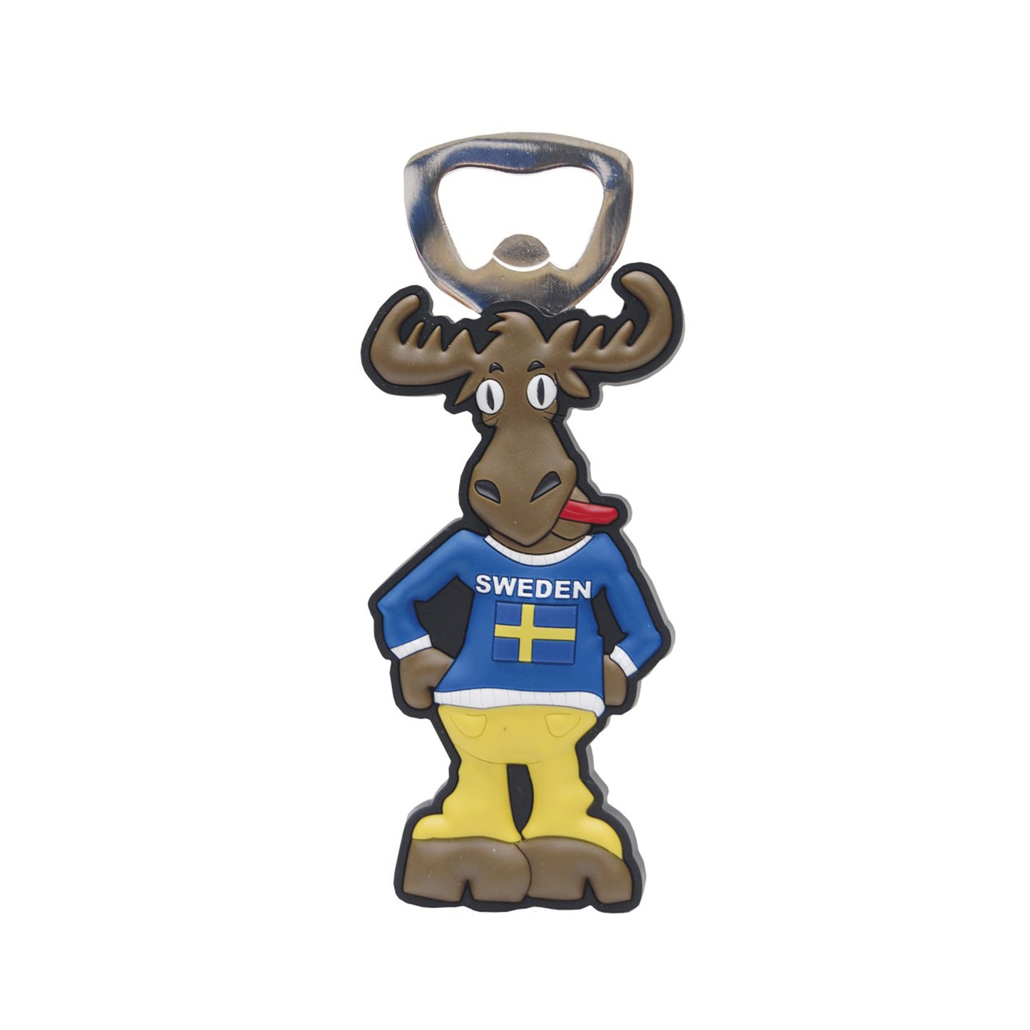 Magnetisk flasköppnare i form av en älg som räcker ut tungan, iklädd gula byxor och blå tröja med svensk flagga och texten 'Sweden'.
