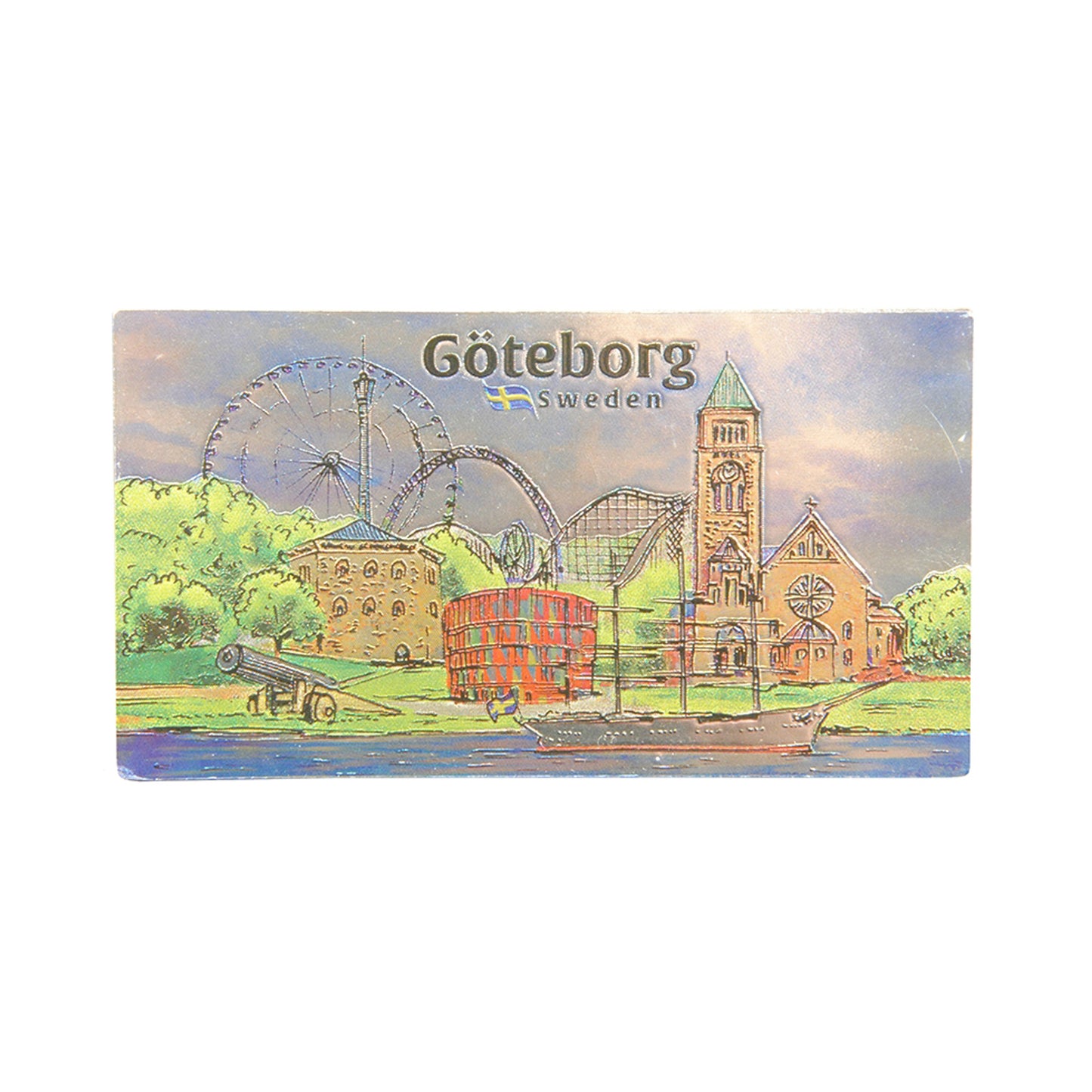 Dubbelsidig souvenirmagnet med flera ikoniska sevärdheter från Göteborg i en snygg komposition.