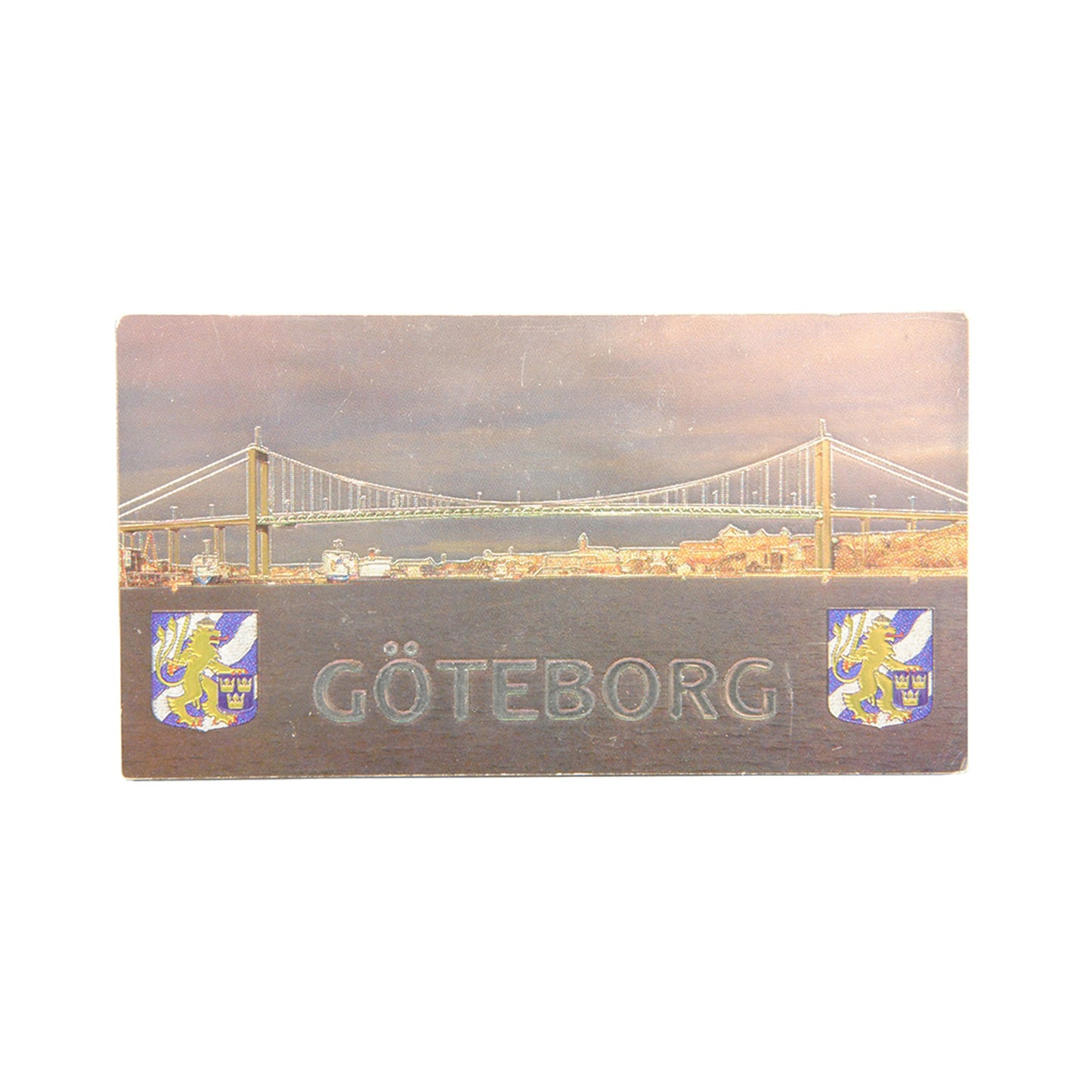 Dubbelsidig souvenirmagnet med motiv av Älvsborgsbron, texten "Göteborg" och Göteborgs stadsvapen.