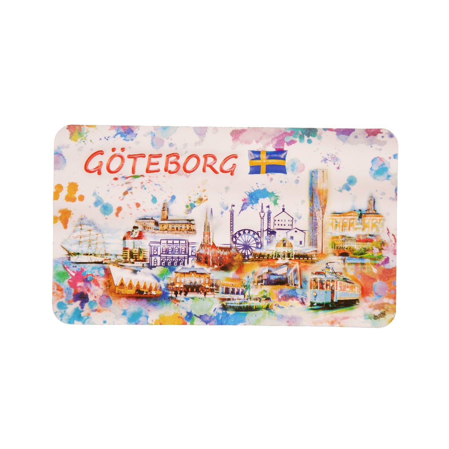 Färgglad kylskåpsmagnet med Göteborgs siluett i akvarellstil, svenska flaggan och texten "Göteborg". Motivet ser ut att vara målat i akvarell.