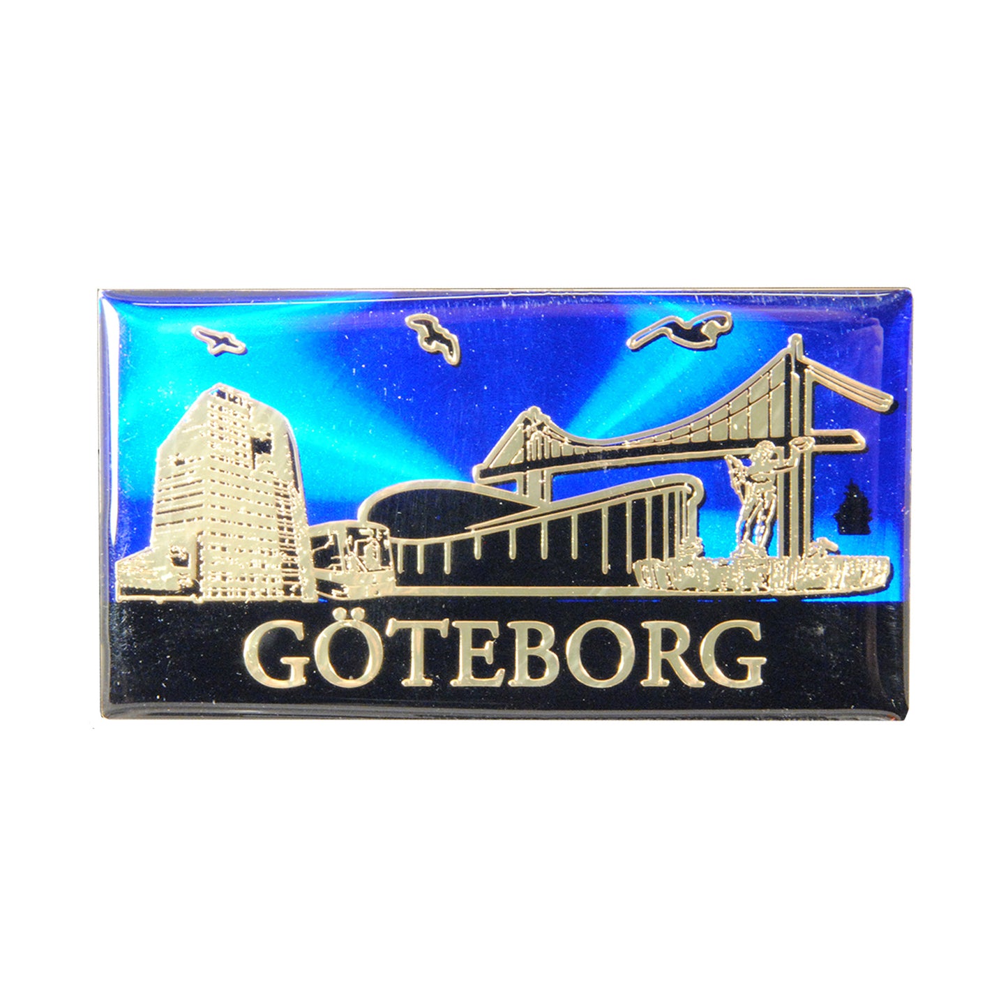 Souvenirmagnet i epoxy med Göteborgs skyline, med blå bakgrund och fin lyster.